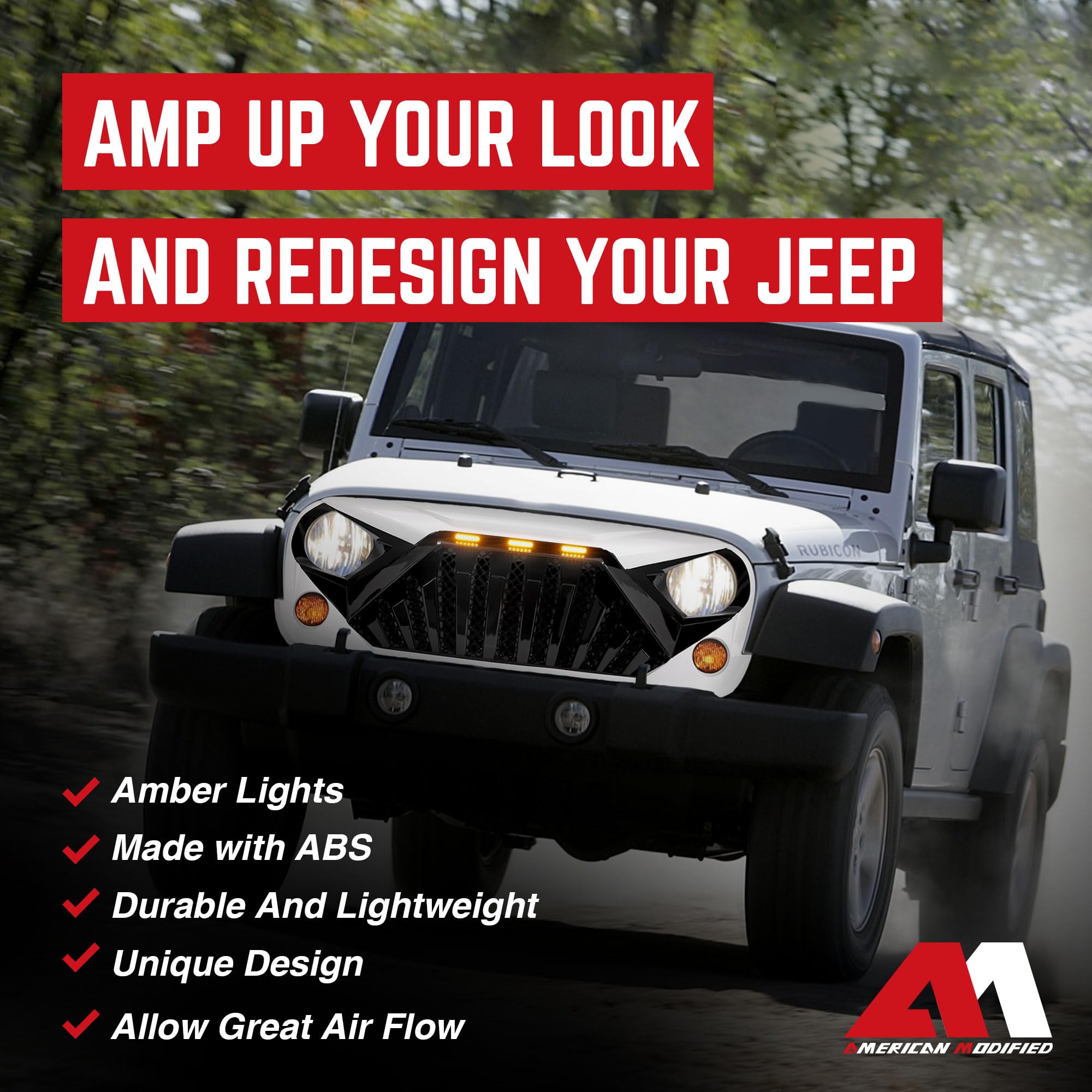 AM Heavy Duty Aggressive Goliath Grille for 2007-2018 Jeep Wrangler JK with LED Amber Running Lights - White/Black | Off-Road Upgrade & Custom Styling for Jeep Enthusiasts