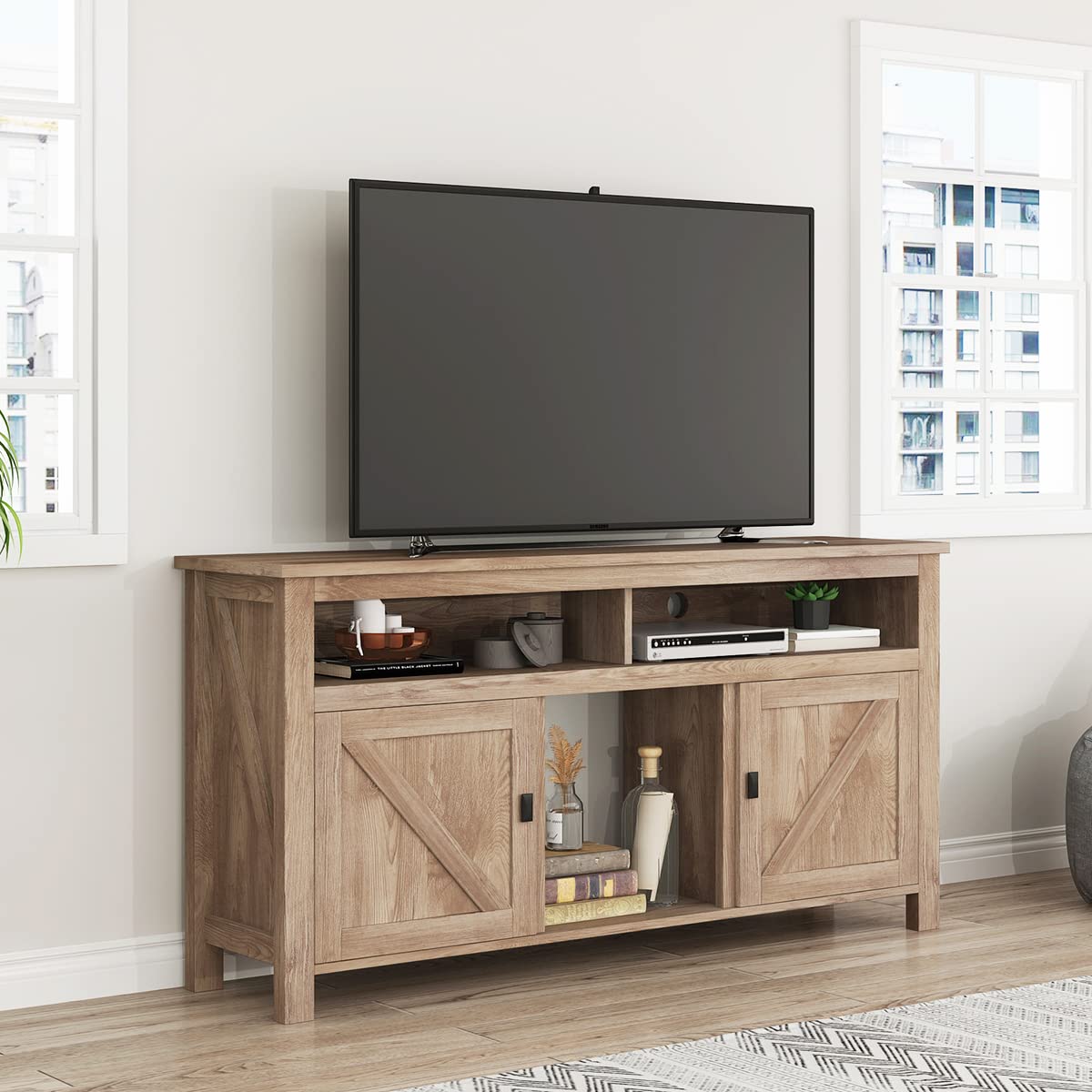 Rustic Farmhouse Barn Door Wood TV Stand for 65 Inch TVs, Entertainment Center Media Console with Storage - Khaki - Perfect for Living Room, Bedroom, or Home Theater Setup