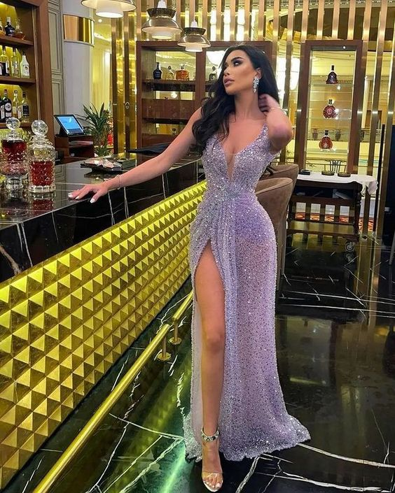 Elegant Lavender Sequin V-Neck Long Prom Dress for Formal Parties & Special Occasions - J3503 | Perfect for Homecoming, Evening Gala & Wedding Guest Attire