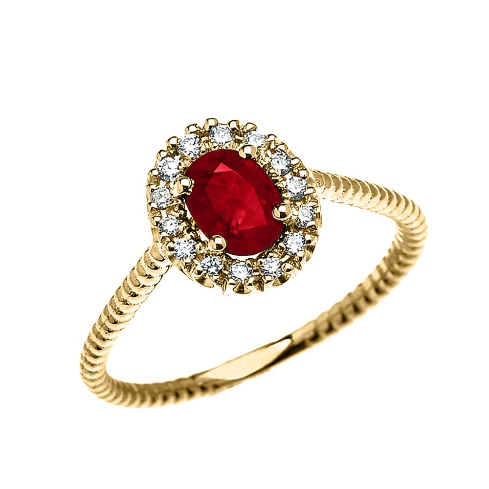 14K Yellow Gold Dainty Oval Halo Diamond & Solitaire Ruby Rope Design Engagement Ring, Promise Ring - Perfect for Proposals, Anniversaries & Special Occasions