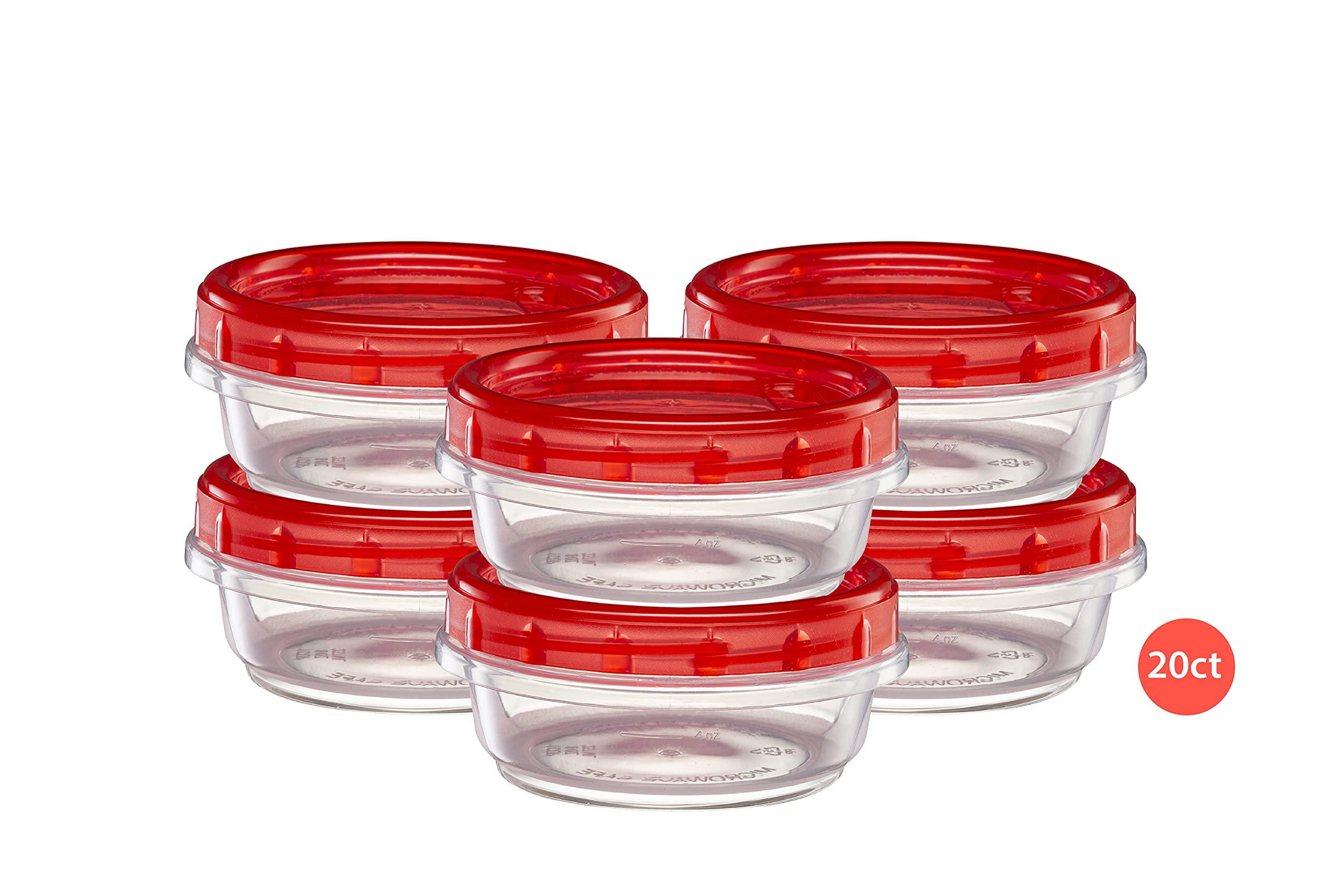 8 Ounce (20 Pack) Clear Bottom Red Top Twist Cap Food Storage Containers with Screw-On Lids | Airtight Freezer-Safe Containers for Meal Prep, Leftovers & Snacks