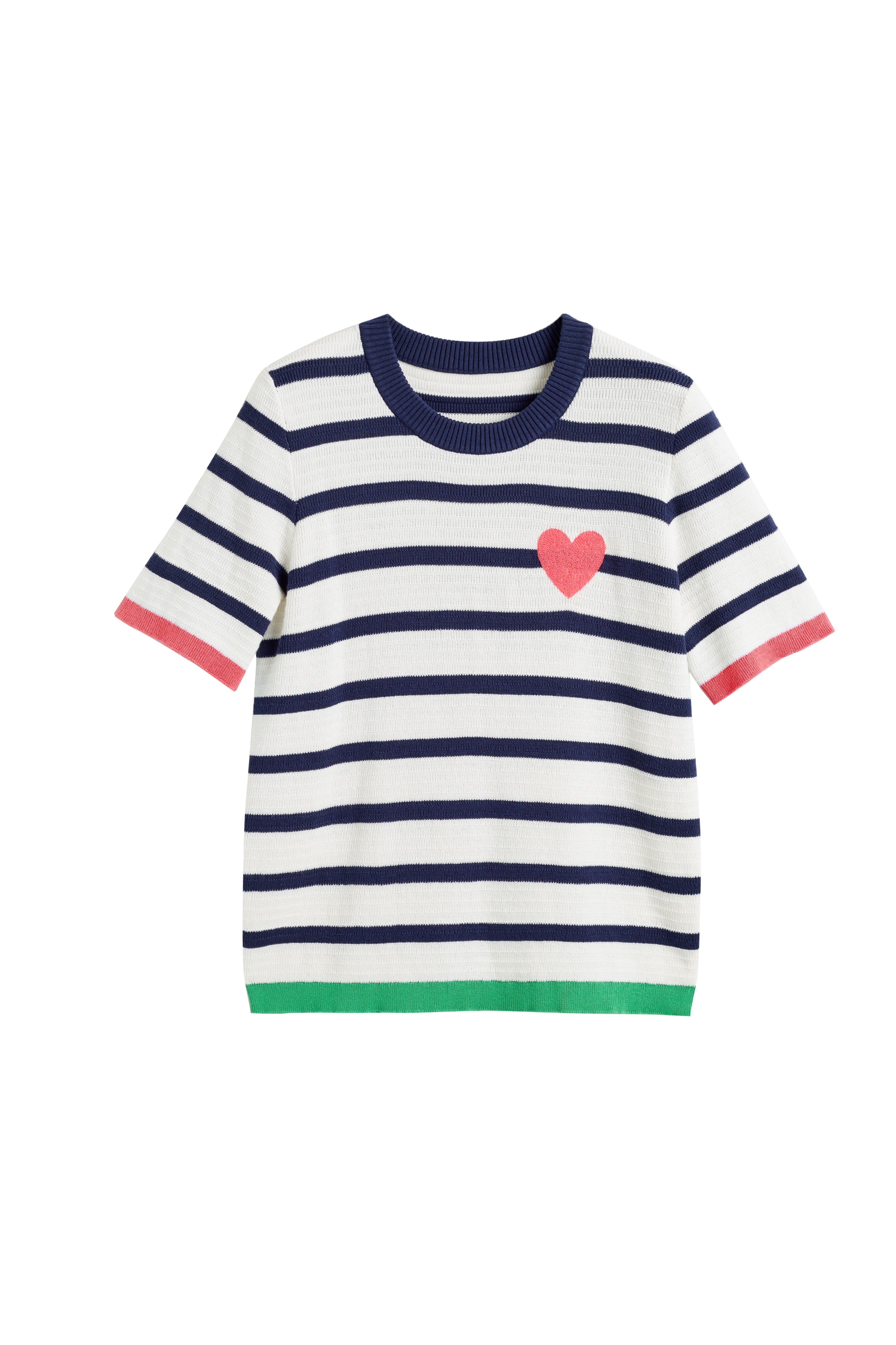 Navy Blue Cotton Crochet Heart Breton T-Shirt for Women - Casual Summer Top for Beach, Vacation & Everyday Wear