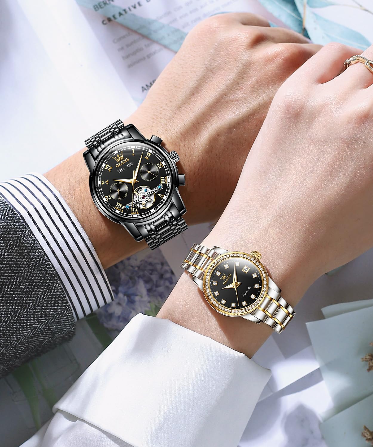 OLEVS Automatic Couple Watches Set - His and Hers Matching Romantic Wristwatches for Men & Women | Perfect for Anniversaries, Weddings, and Valentine's Day Gifts