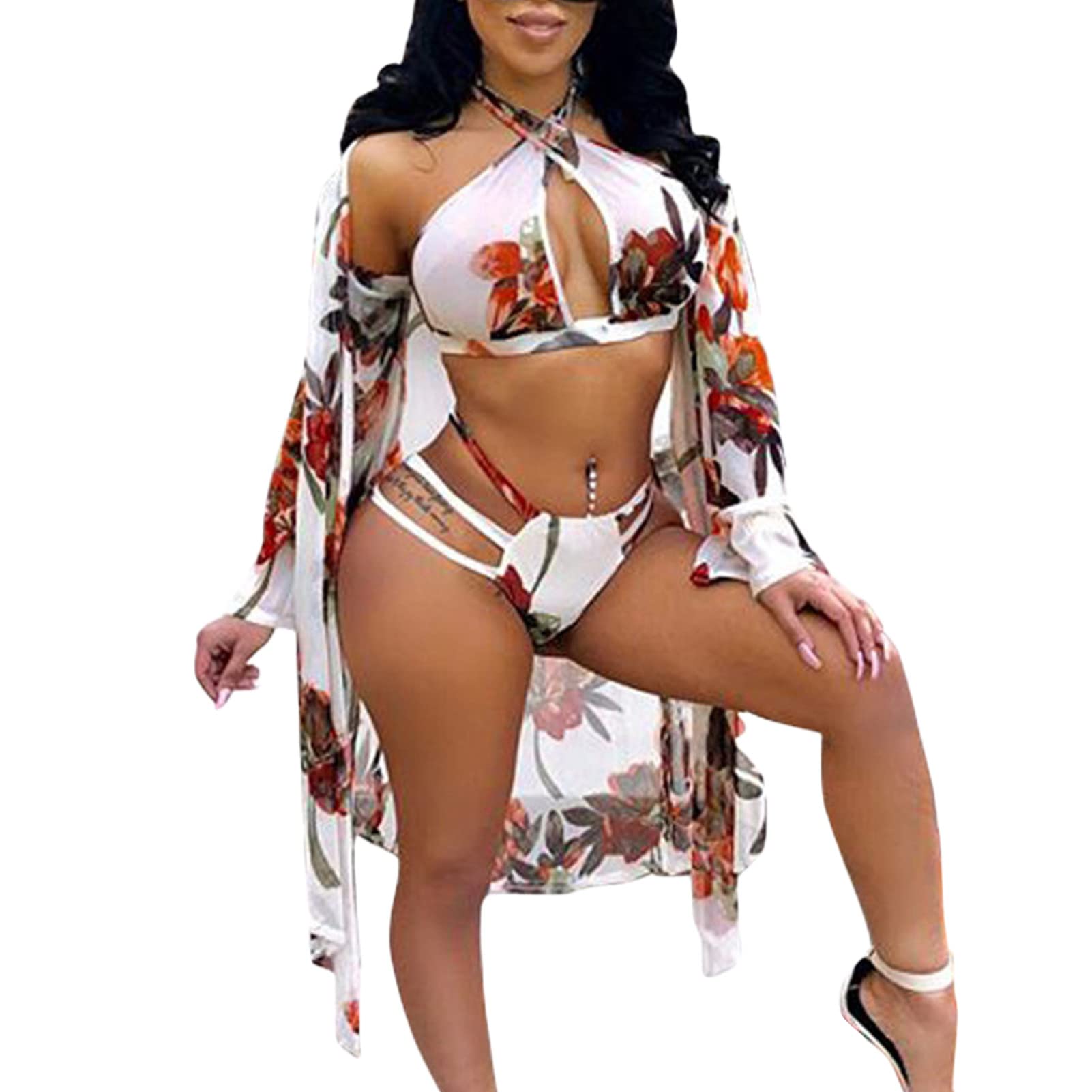 Sexy Floral Bikini Set - 3 Piece Women's Swimsuit with Cover Up for Beach & Pool