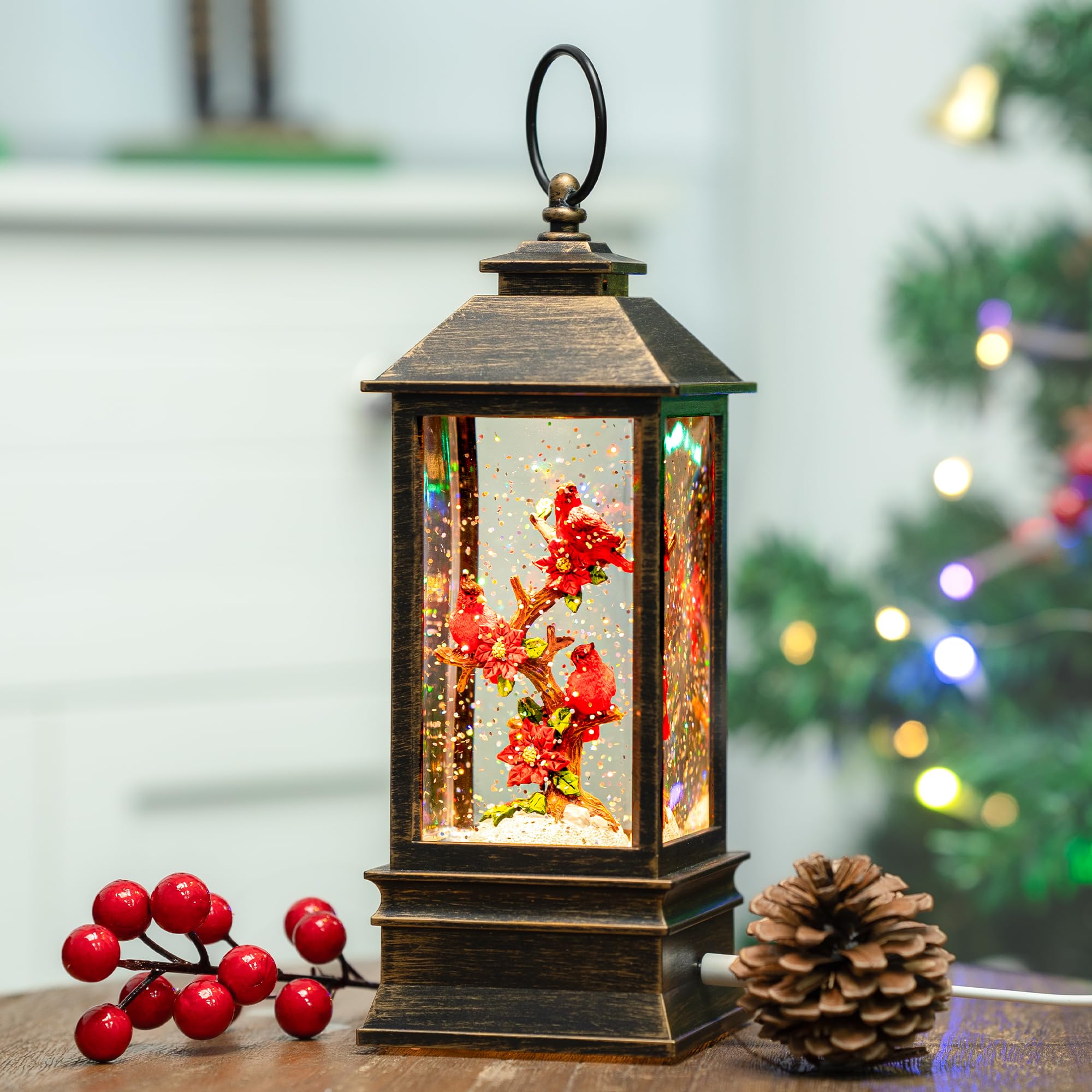 Christmas Snow Globe Lantern with Cardinal - Musical 6H Timer USB/Battery Operated Lighted Decor for Home, Holiday & Festival - Perfect for Christmas Tree Decorations, Gift Giving & Winter Home Accents