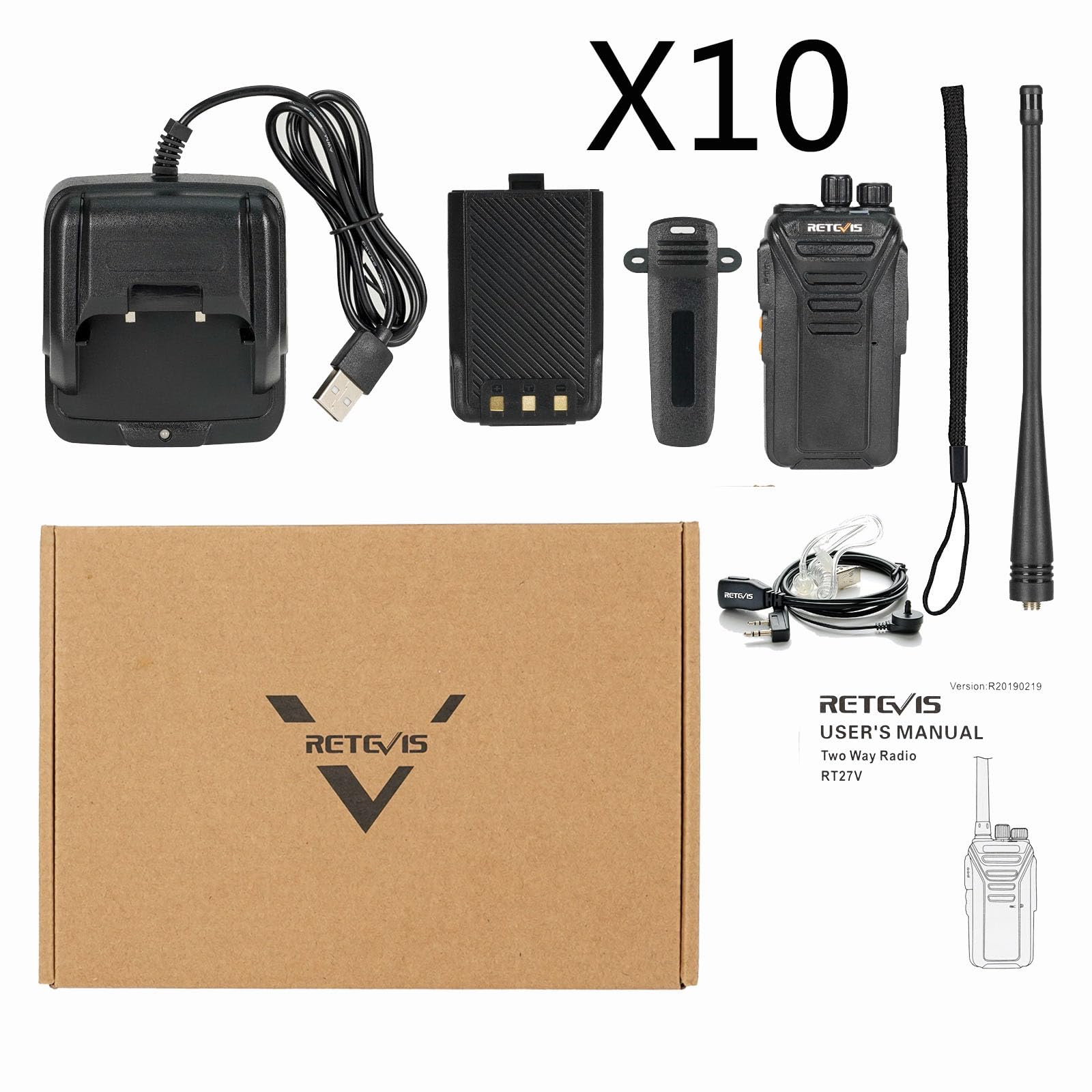 Retevis RT27V MURS License-Free Two Way Radios (10 Pack) - 5 Channel Walkie Talkies with Rechargeable Battery & Earpiece - Ideal for Emergency Rescue, Church Services, Construction & Outdoor Activities