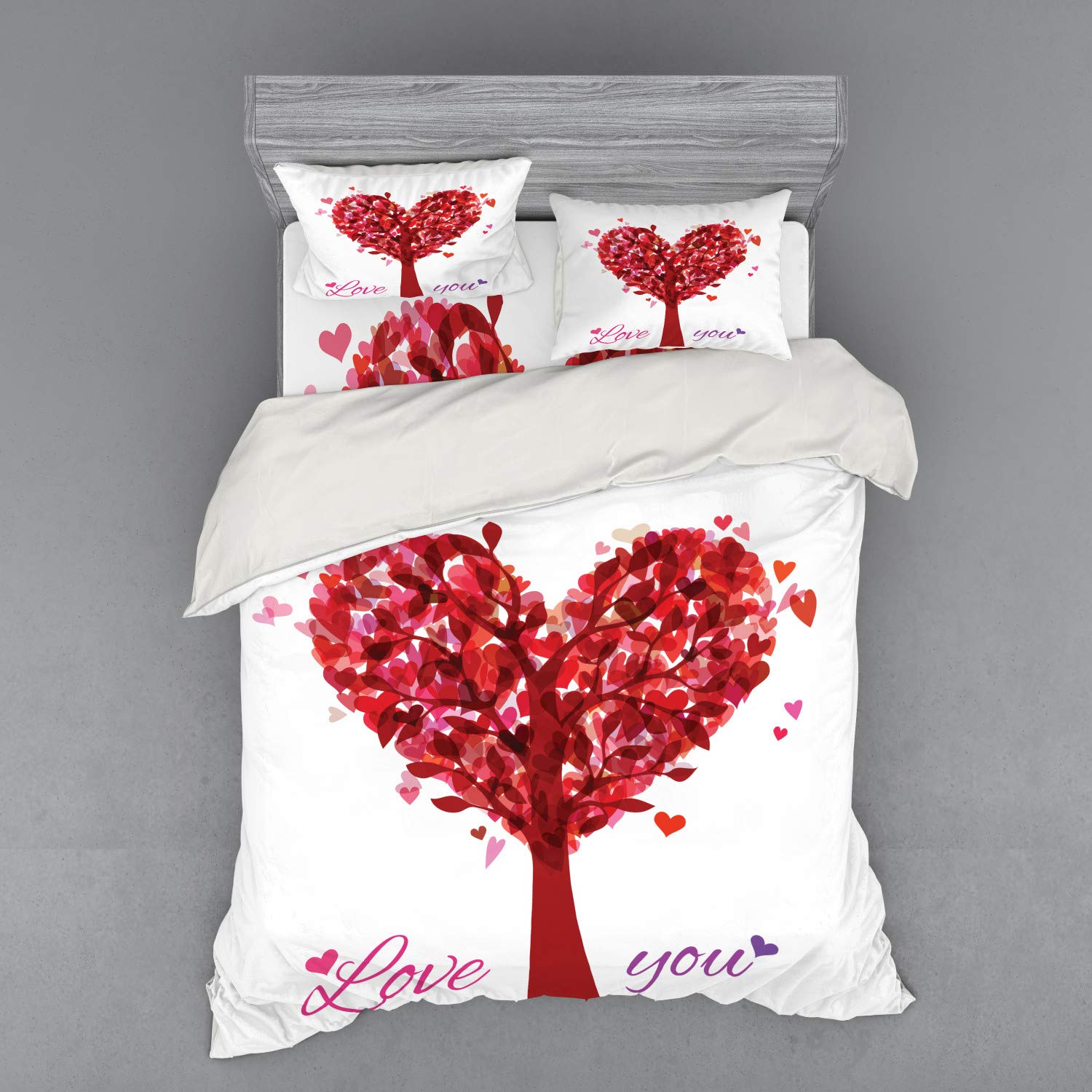 Ambesonne Vintage Love Bedding Set - Queen Size 4-Piece Duvet Cover with Shams & Fitted Sheet, Heart-Shaped Tree Romantic Garden Design in Ruby Pink Purple - Perfect for Valentine's Day, Anniversary Gifts & Cozy Bedroom Decor