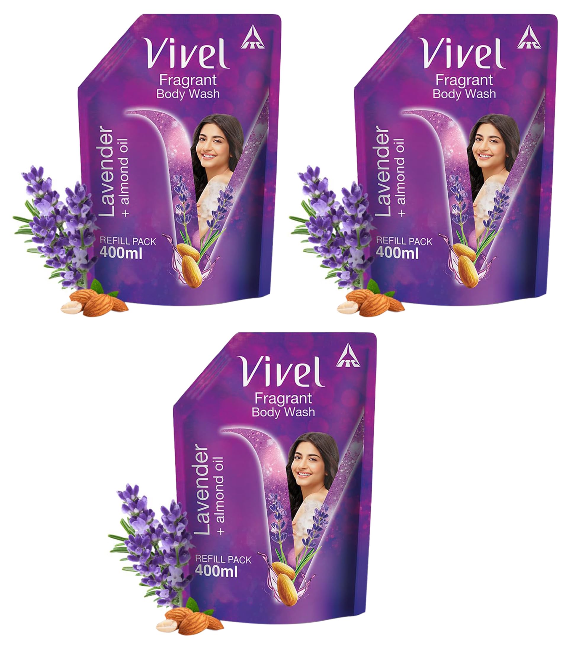 Vivel Exfoliating Body Wash with Lavender & Almond Oil - 400ml Moisturizing Shower Gel for Glowing Skin - Gentle Exfoliation for All Skin Types - Refill Pouch (Pack of 3) | Perfect for Daily Skincare Routine & Spa-Like Experience at Home