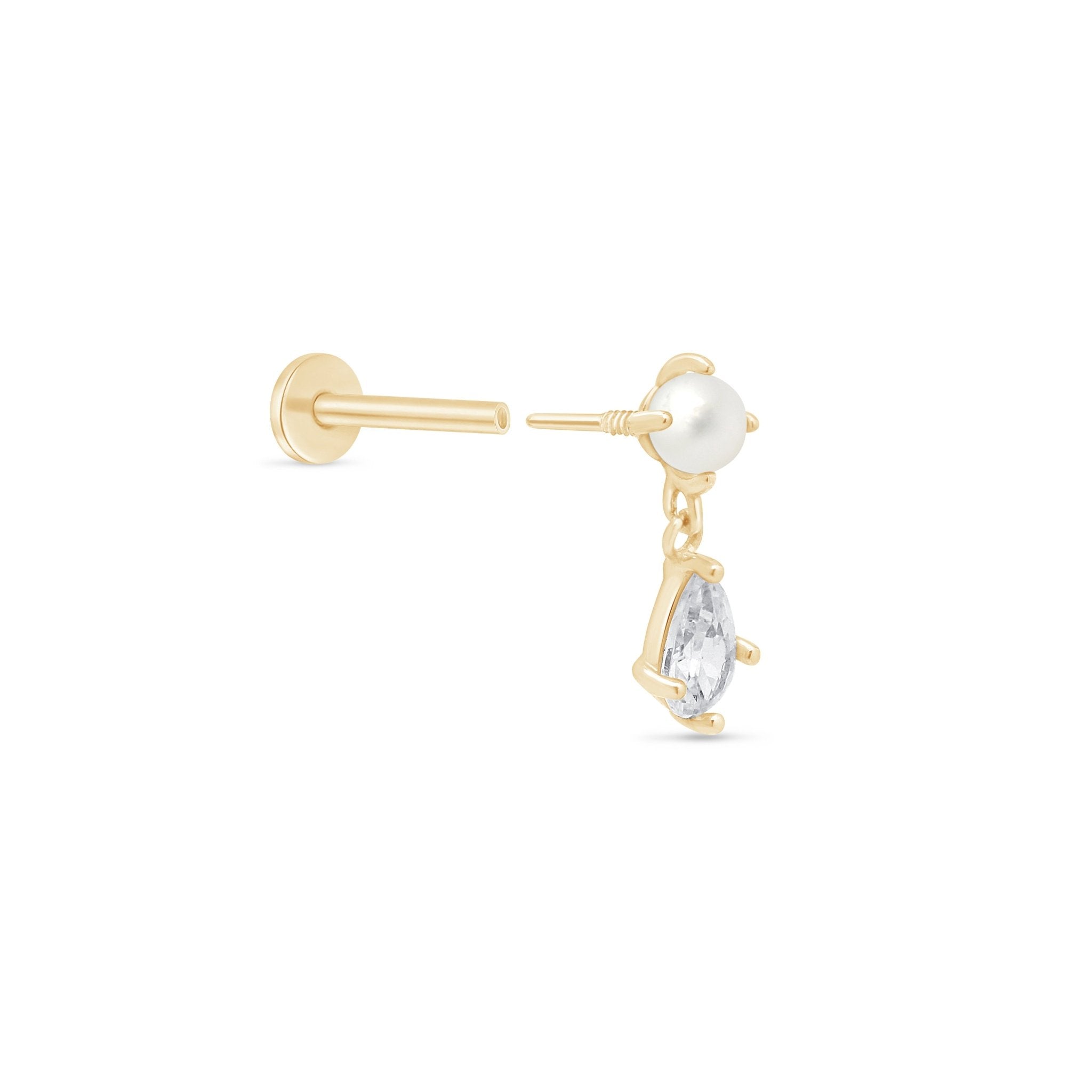 14K Yellow Gold Pearl & Marquise Drop Flat Back Stud Earrings - Elegant Dangle Earrings for Women, Perfect for Weddings, Parties & Everyday Wear