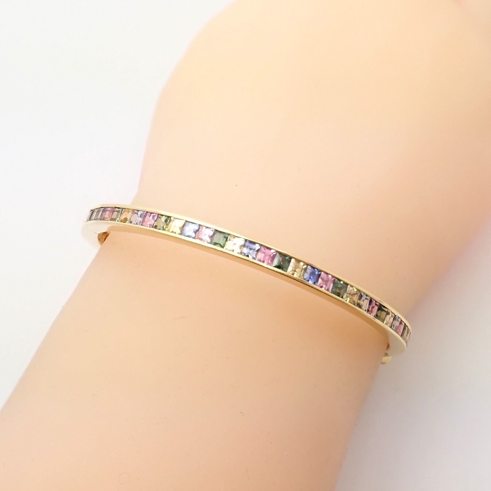 Authentic Julius Cohen 18K Yellow Gold Diamond & Pastel Gemstone Cuff Bracelet - Luxury Jewelry for Women, Perfect for Weddings, Parties & Special Occasions
