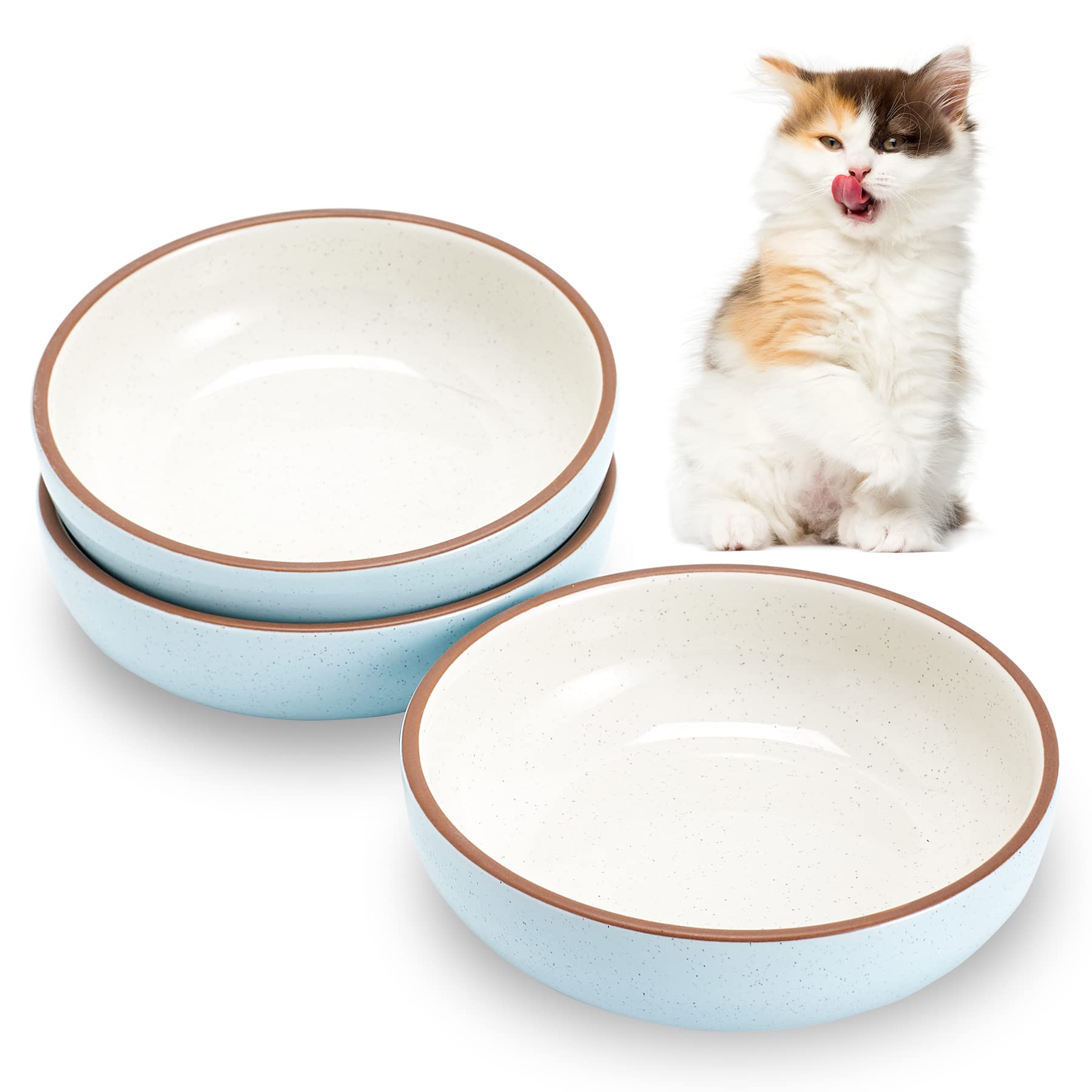 5.3 Inch Ceramic Cat Bowls Set of 3 - Shallow Pet Food & Water Dishes for Small Cats - Durable Non-Slip Blue Cat Bowls - Perfect for Kittens, Senior Cats & Multi-Cat Homes