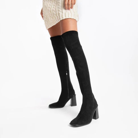 Amandine Women's Thigh High Boots - Black Leather Over The Knee Boots for Fashion, Party & Winter Outfits