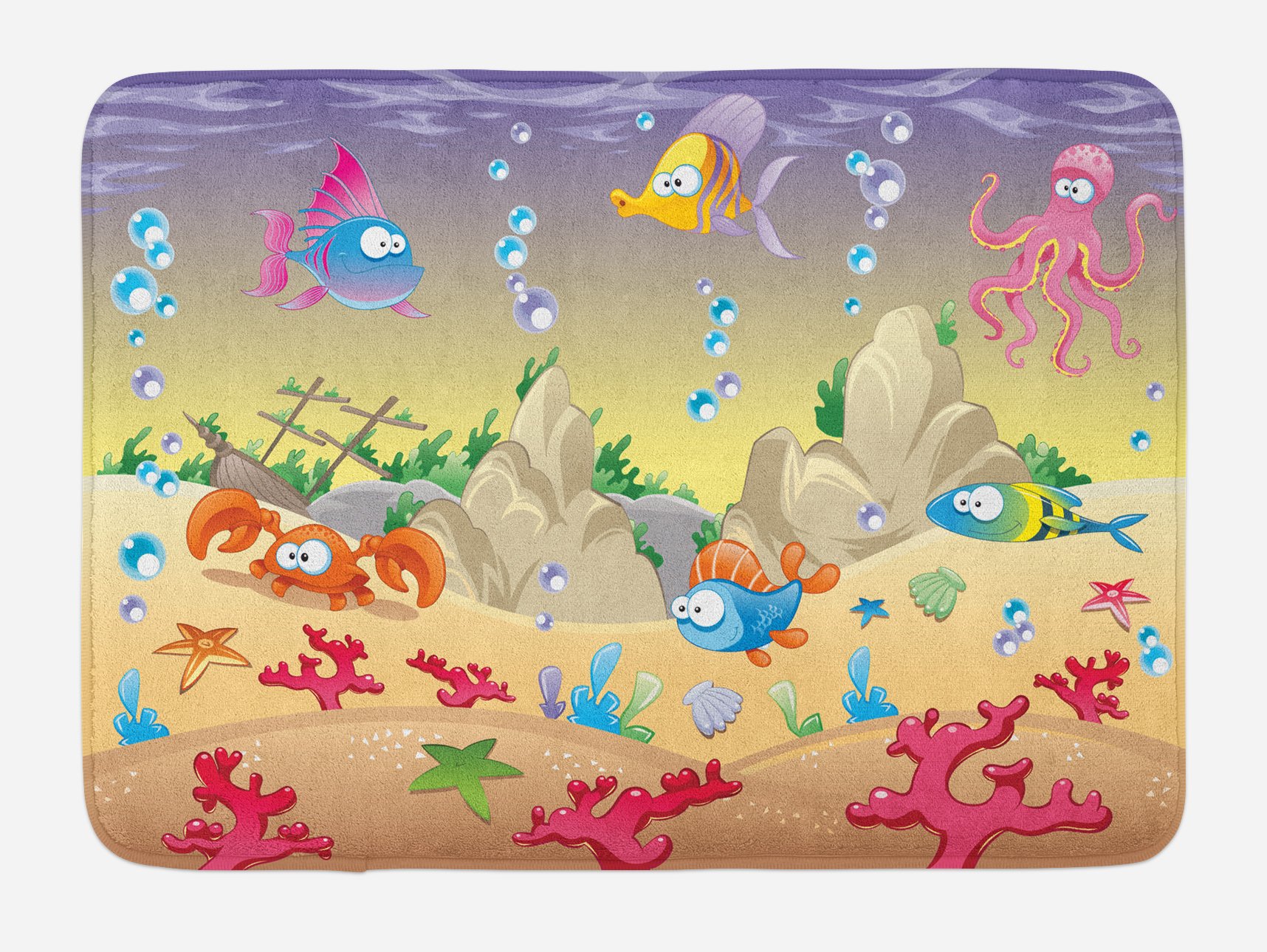 Ambesonne Non-Slip Plush Bath Mat - Cartoon Underwater Theme with Funny Sea Animals, Fishes, Sunken Ship & Coral Reef - 30.2