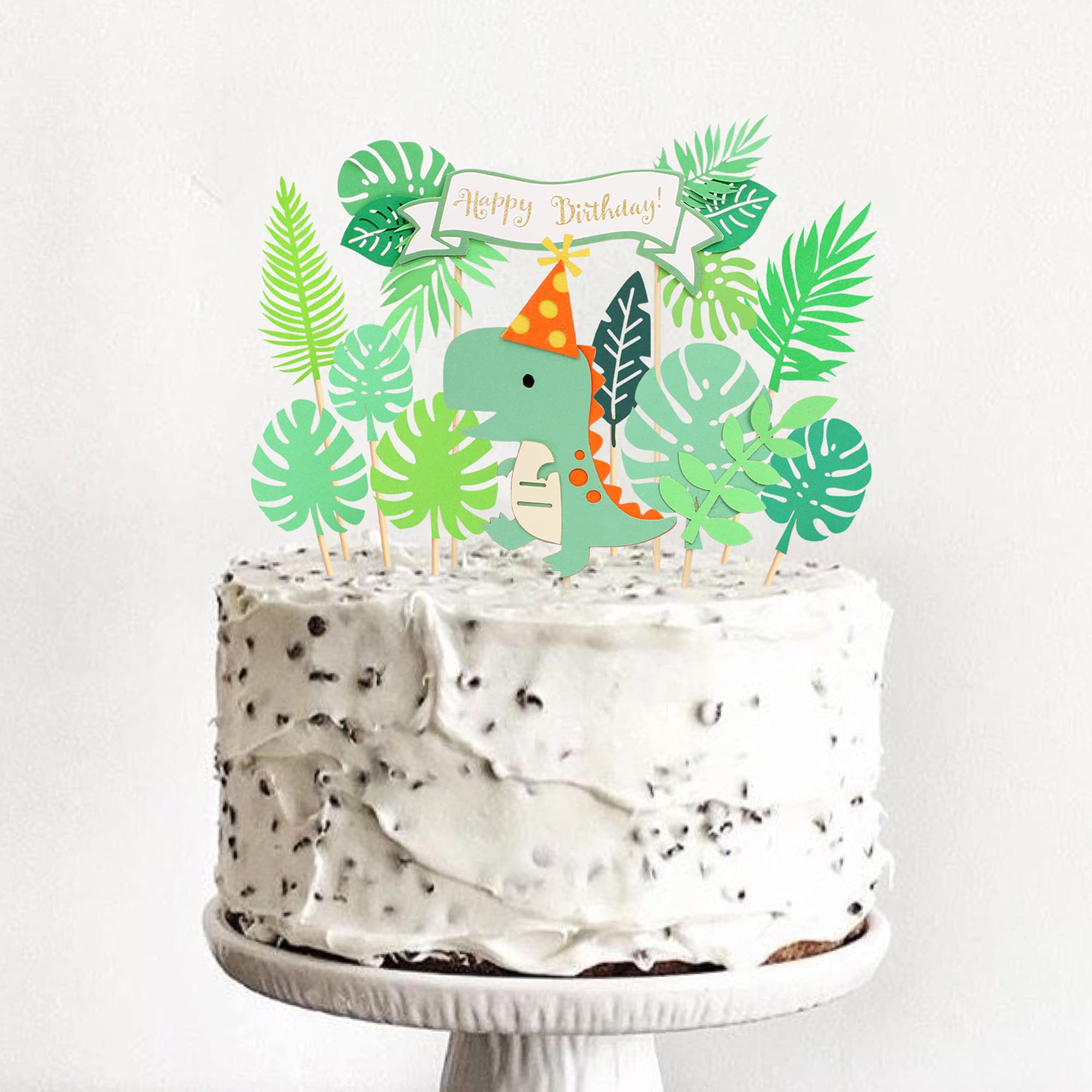 10Pcs Dinosaur Cake Toppers - Happy Birthday Party Decorations with Forest Green Leaves for Jungle Theme Baby Shower, Kids Birthday Cakes - Perfect for Dinosaur Themed Parties and Cake Decorating