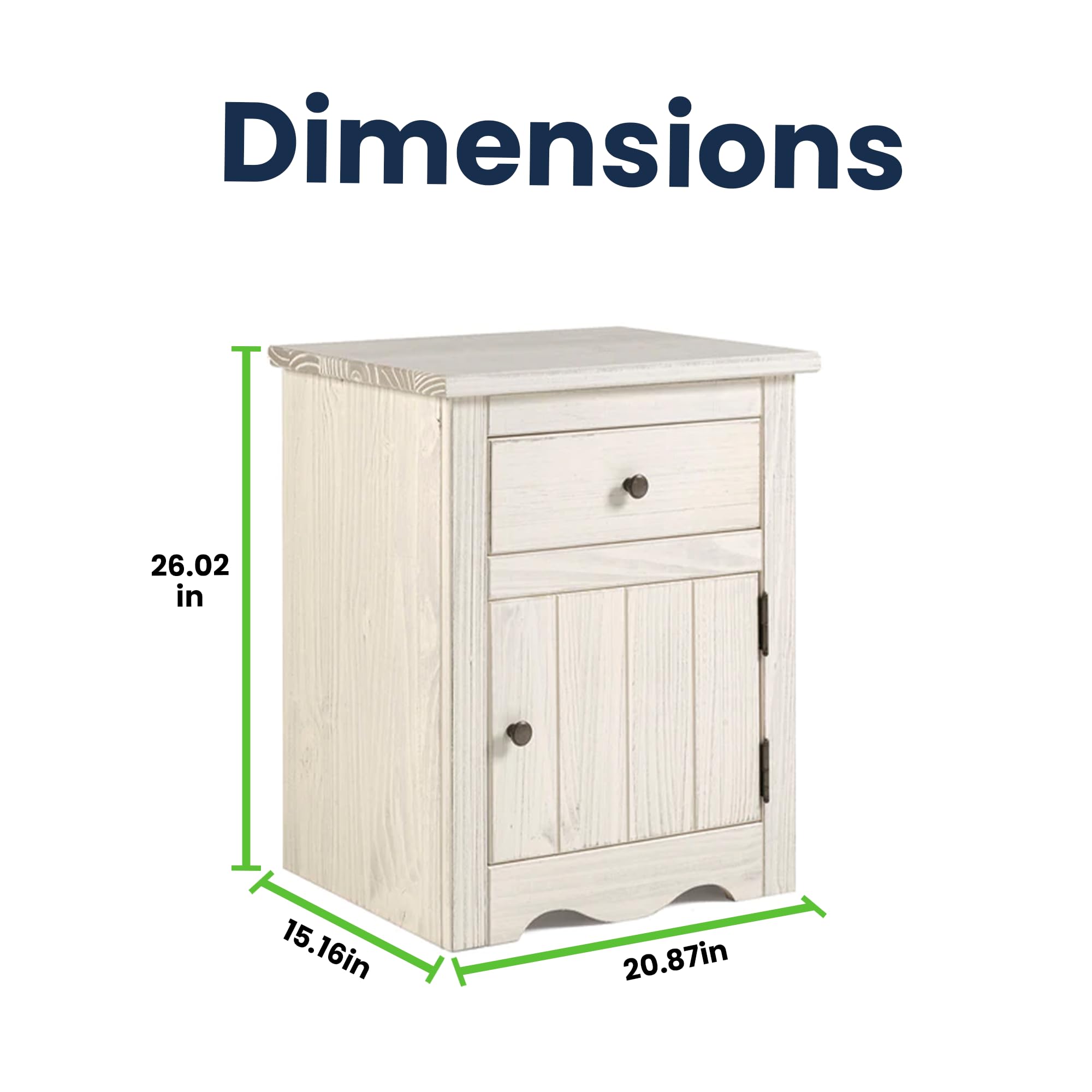 Distressed White Wood Nightstand with 1 Door & 1 Drawer - Bedside Table for Bedroom, Living Room, or Guest Room Storage