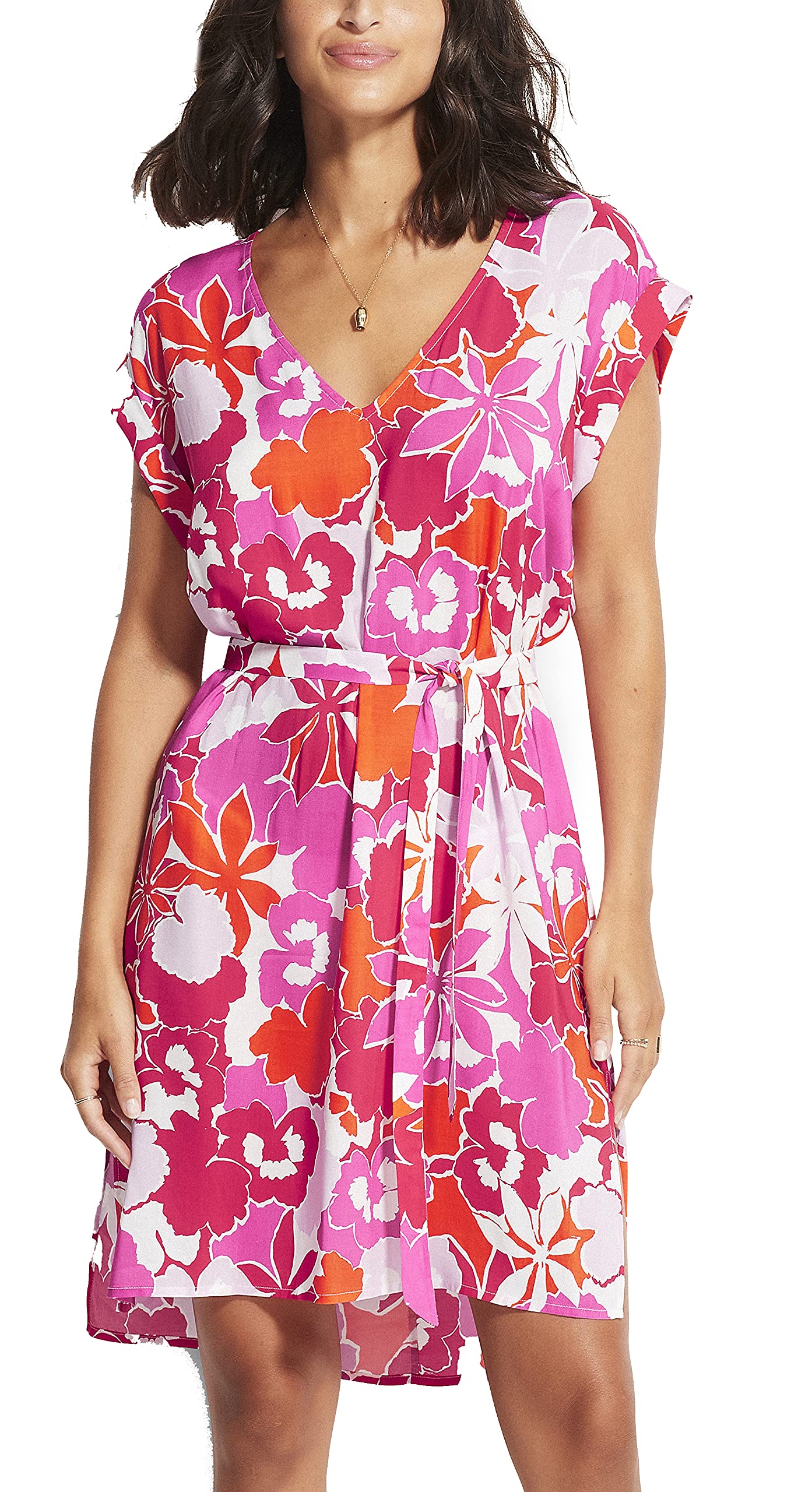 Seafolly Women's Printed Swimwear Cover Up Dress with Drawstring Waist - Lightweight Beach Dress for Pool, Vacation & Summer Outfits