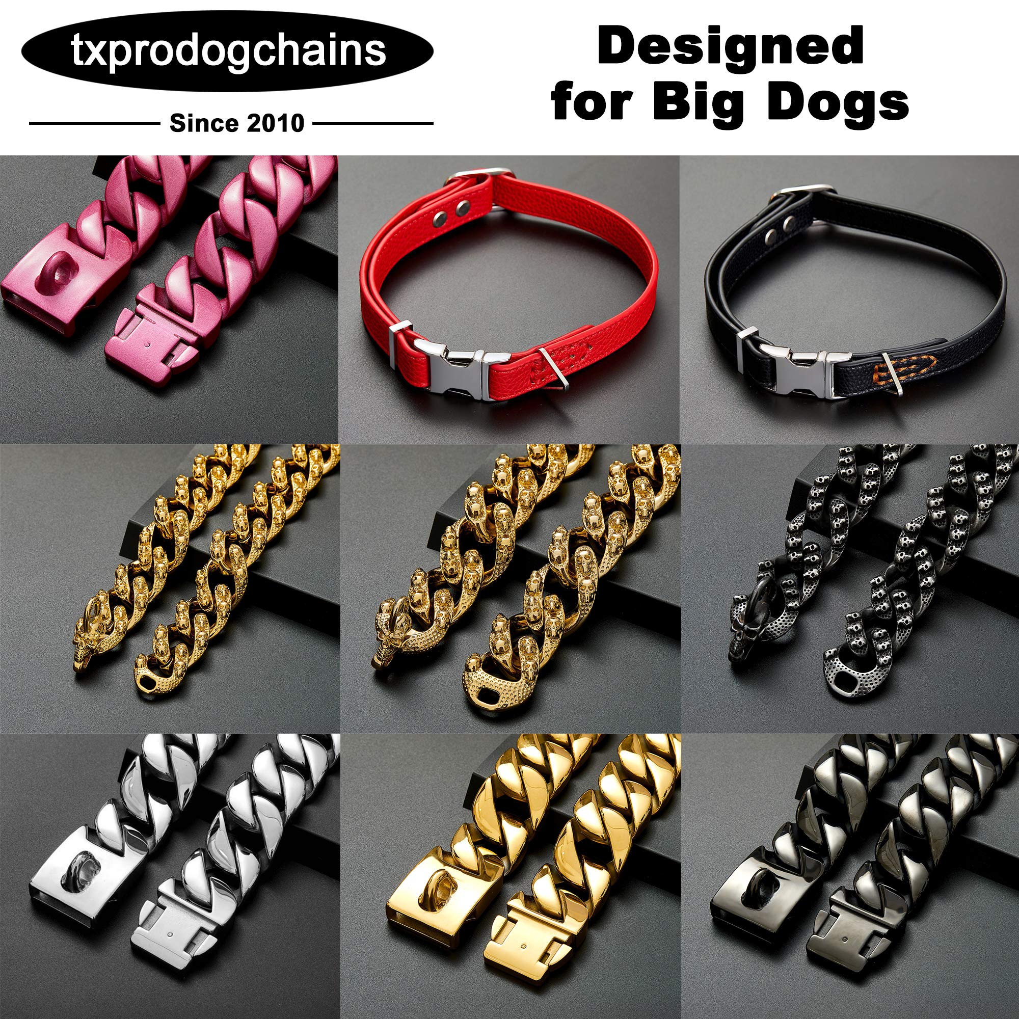 30MM Gold Stainless Steel Cuban Link Dog Collar with Skulls Pattern & Quick Release Buckle - Heavy Duty Chain Collar for Medium & Large Dogs - Perfect for Pitbulls, German Shepherds & Rottweilers - Great for Training, Walking & Outdoor Adventures