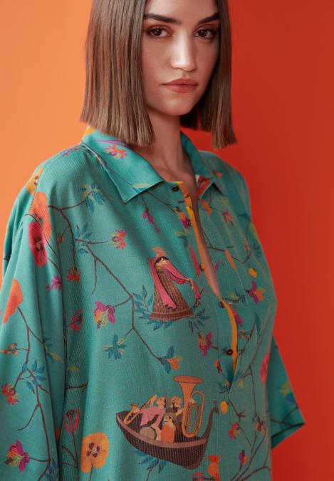 Kasturi Shirt Dress for Women - Muga Satin Aqua Blue Flowy Tunic - Perfect for Office Wear, Casual Outfits & Summer Dresses