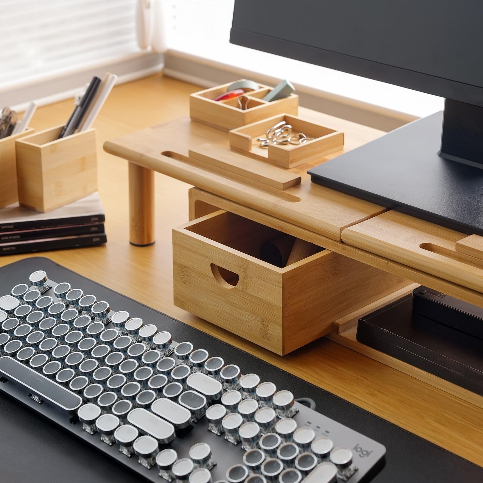 Adjustable Bamboo Dual Monitor Stand Riser with Storage Drawer - Ergonomic Desk Shelf for 2-3 Screens, Laptops, PC & TV - Perfect for Home Office, Gaming Setup & Workspace Organization (Natural Wood Finish)