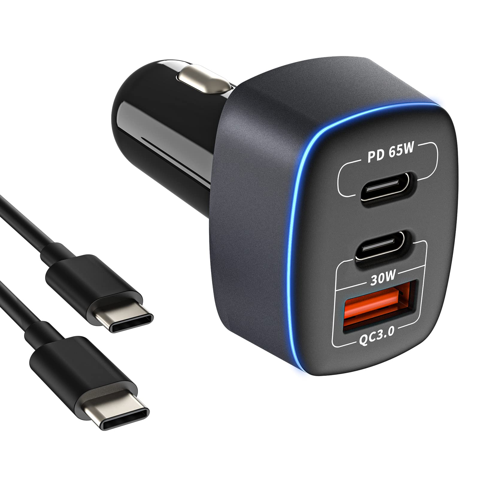95W USB C Car Charger with 3 Ports - 65W PD, 55W PPS & 30W QC3.0 Fast Charging - Compatible with iPhone 14/13/12/11 Pro Max, Samsung Galaxy, Google Pixel, MacBook, Laptop, iPad - Includes Type-C Cable - Perfect for Road Trips, Commuting & Multi-Device Charging on the Go
