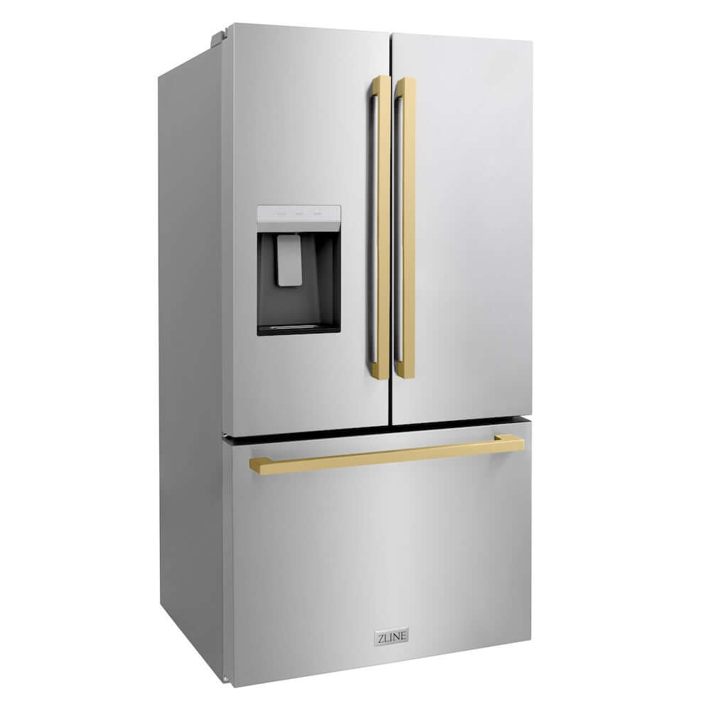 ZLINE Autograph Edition 36 Inch Standard Depth French Door Refrigerator - 28.9 cu. ft. Capacity, External Water Dispenser, Dual Ice Maker, Fingerprint Resistant Stainless Steel with Champagne Bronze Handles (RSMZ W 36 FCB) - Perfect for Modern Kitchens & Open Concept Homes