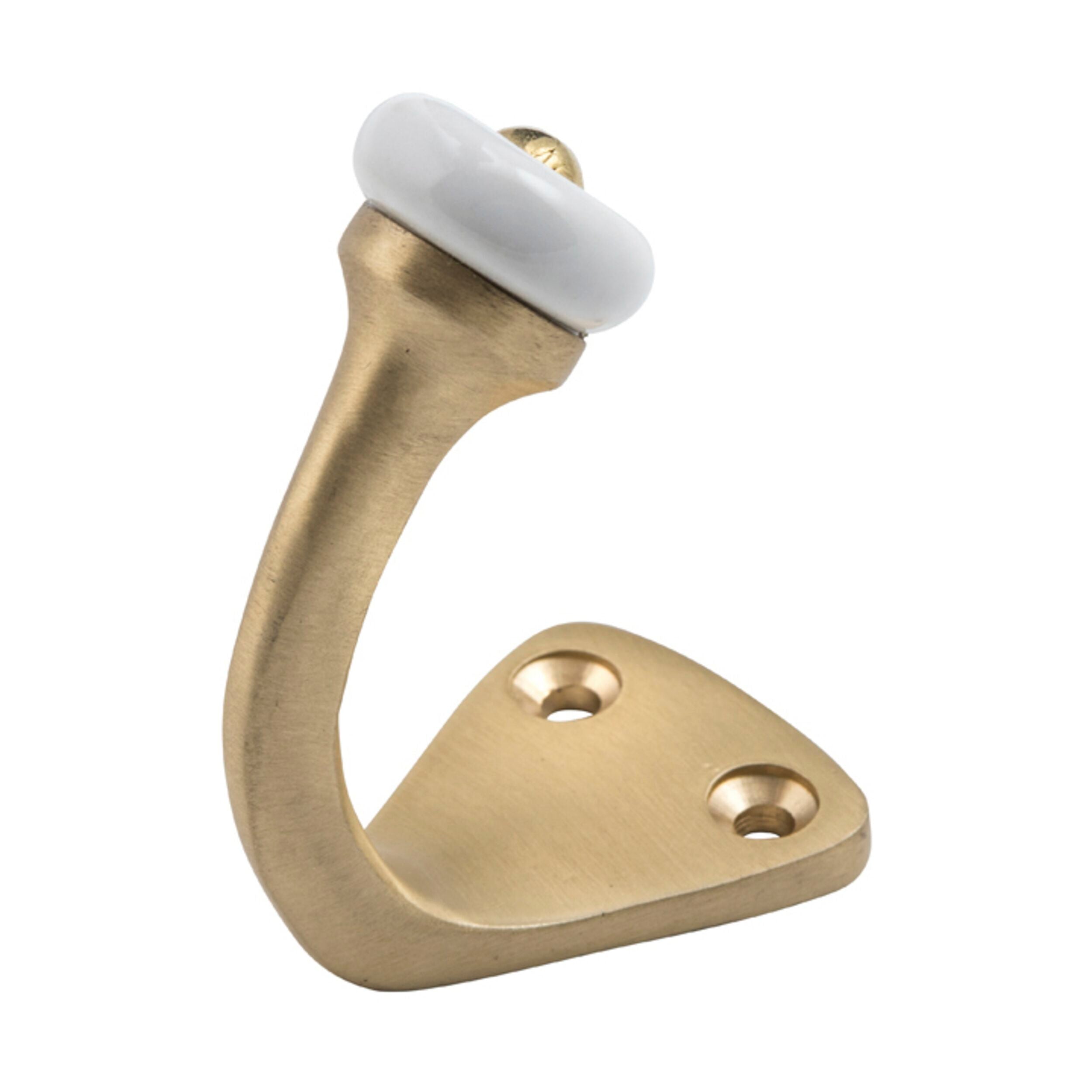 6706 Porcelain Tip Satin Brass Robe Hook 45x70mm - Elegant Bathroom & Bedroom Wall Hook for Towels, Robes & Clothes
