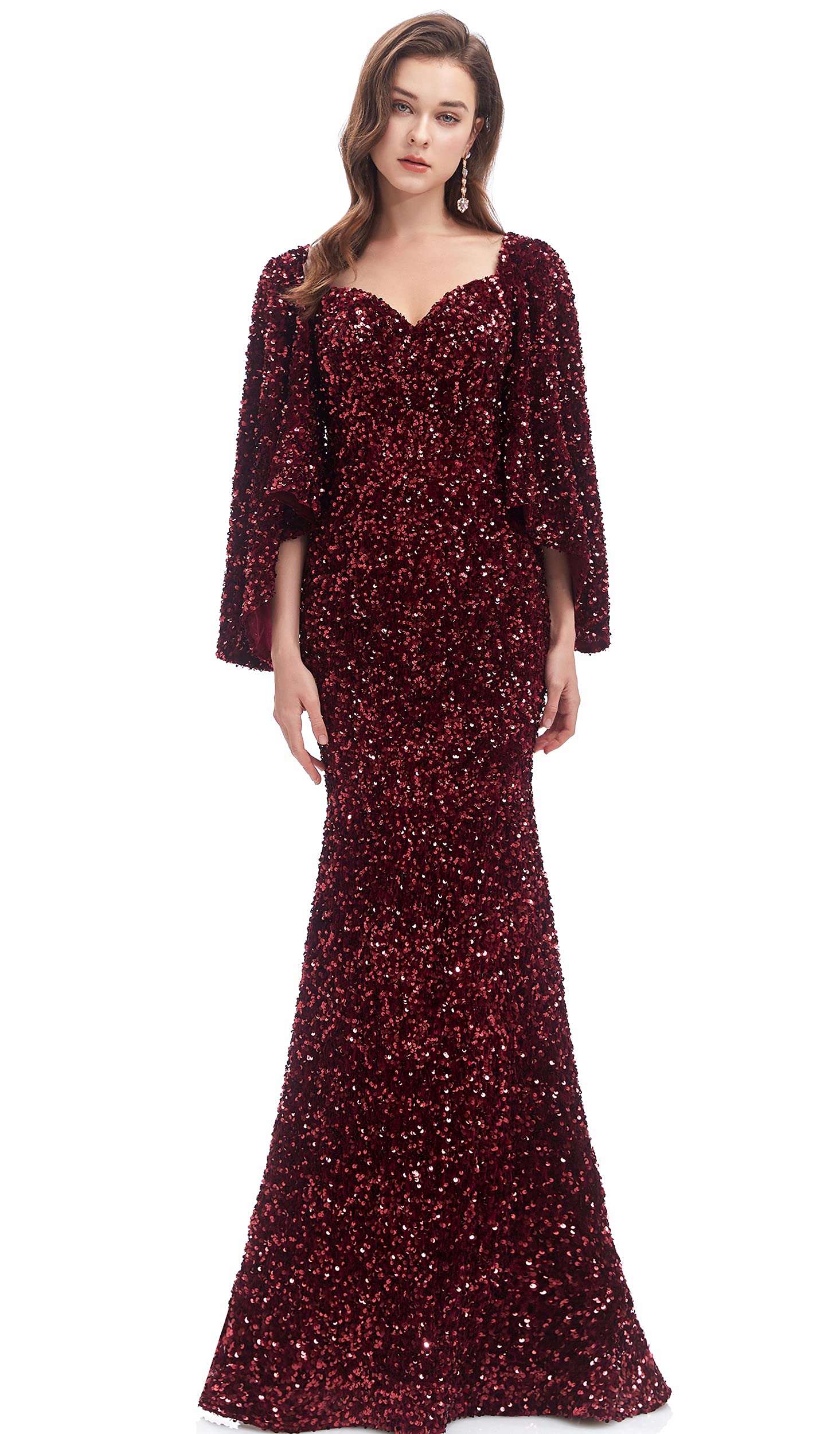 Elegant Women's V-Neck Sequin Mermaid Evening Gown with Long Sleeves - Perfect for Prom, Wedding Guest, and Formal Events