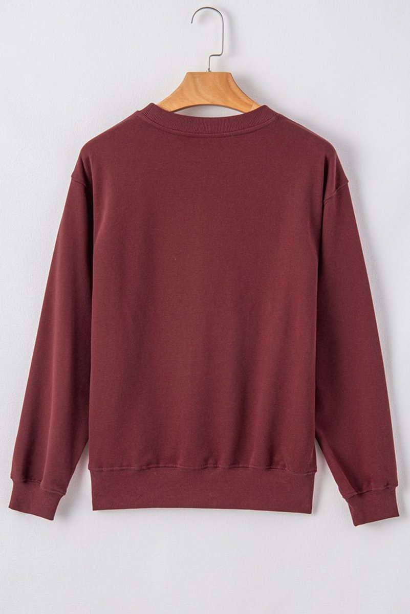 Burgundy Plain Drop Shoulder Crewneck Pullover Sweatshirt for Women - Casual Loose Fit Long Sleeve Sweater for Fall Winter Fashion, Lounge, Travel & Everyday Wear