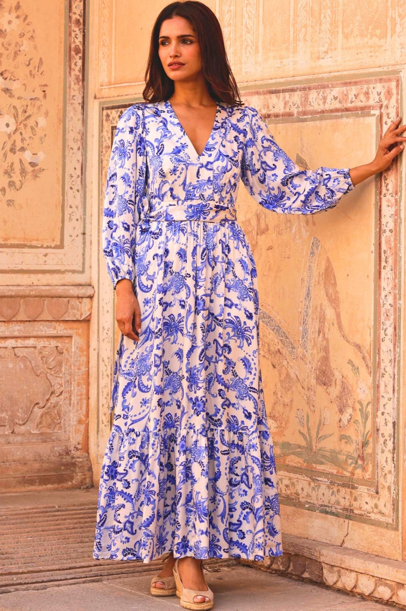 Annie Hammered Satin Maxi Dress for Women - Elegant Cream & Blue Flowy Long Dress for Evening Parties, Weddings & Special Occasions