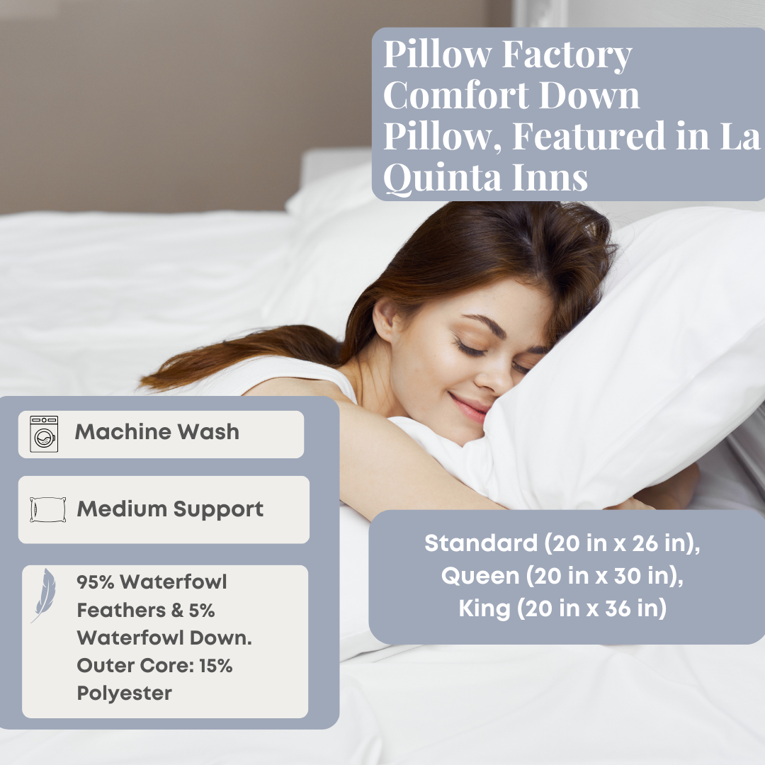 Premium Comfort Down Pillow by Pillow Factory - Hotel Quality Soft Support for Neck & Shoulder Relief - Perfect for Home, Travel & Hotel Stays