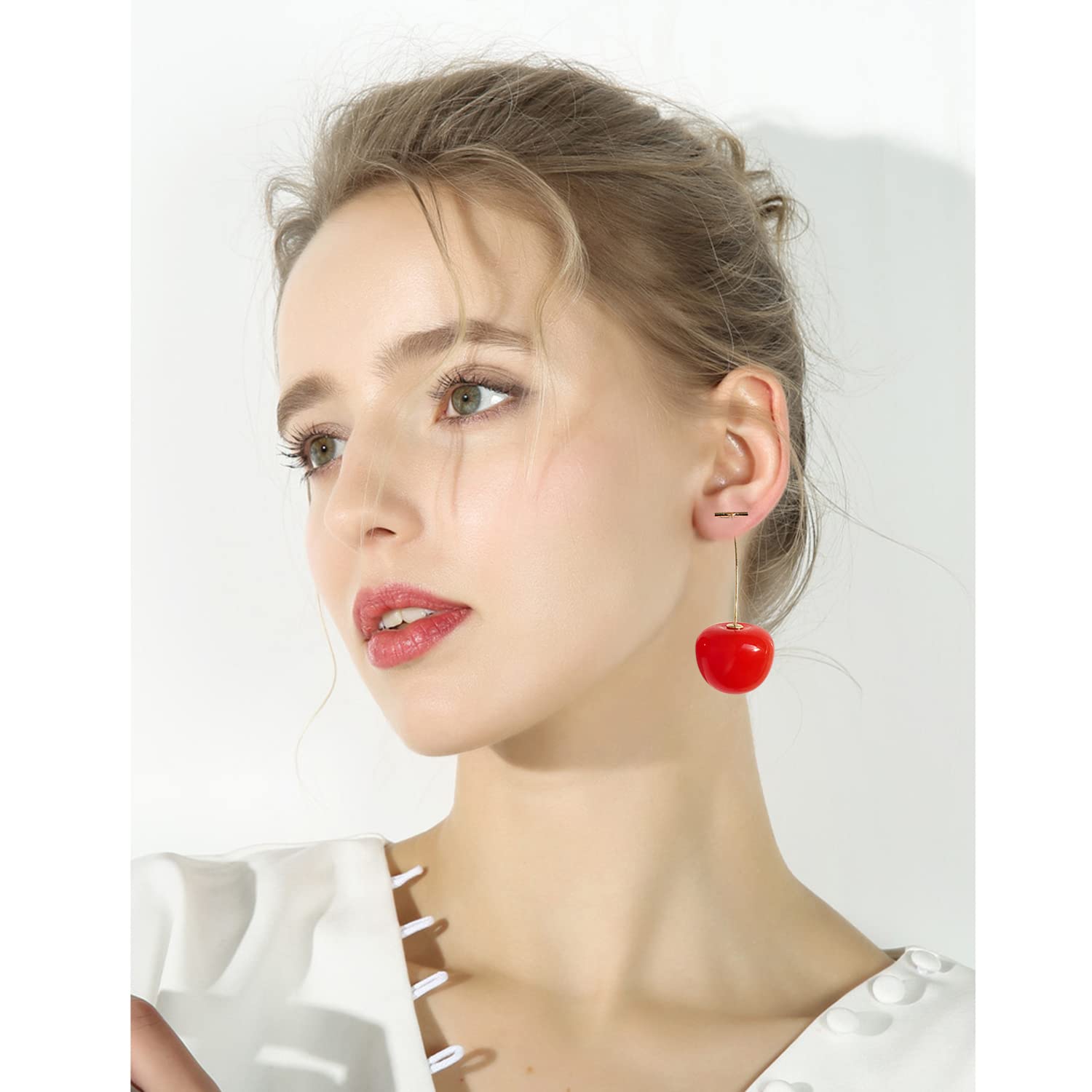 3D Red Cherry Drop Earrings for Women - Cute Fruit Dangle Earrings in Gold - Perfect for Summer Outfits, Parties & Casual Wear