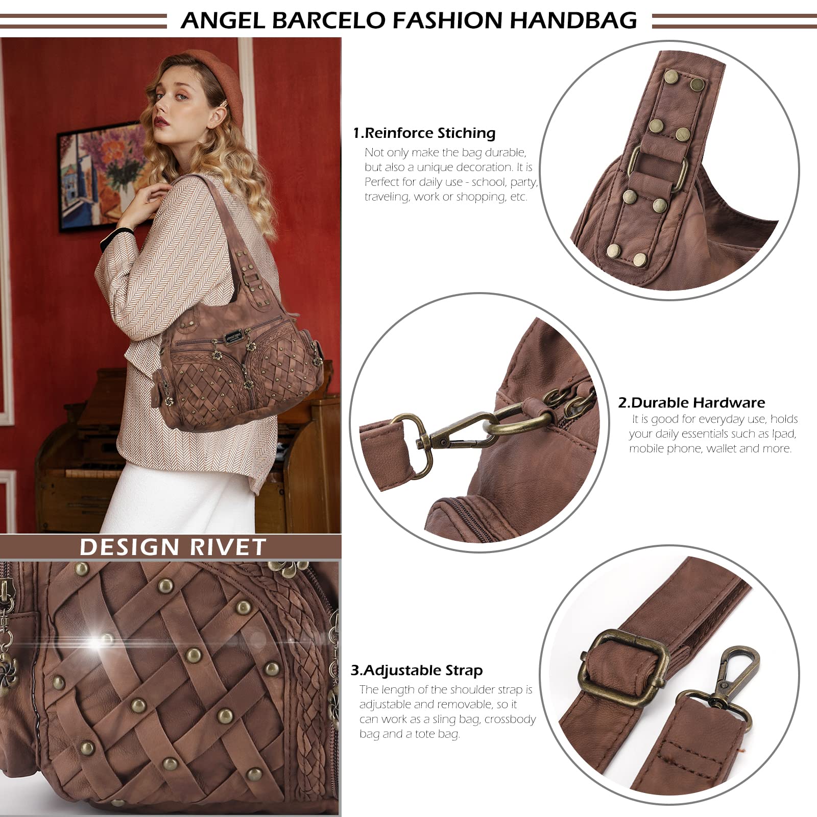 Angel Barcelo Women's Fashion Handbags - Tote, Shoulder Bag, Top Handle Satchel & Hobo Purse in Washed PU Leather | Perfect for Work, Travel & Everyday Use