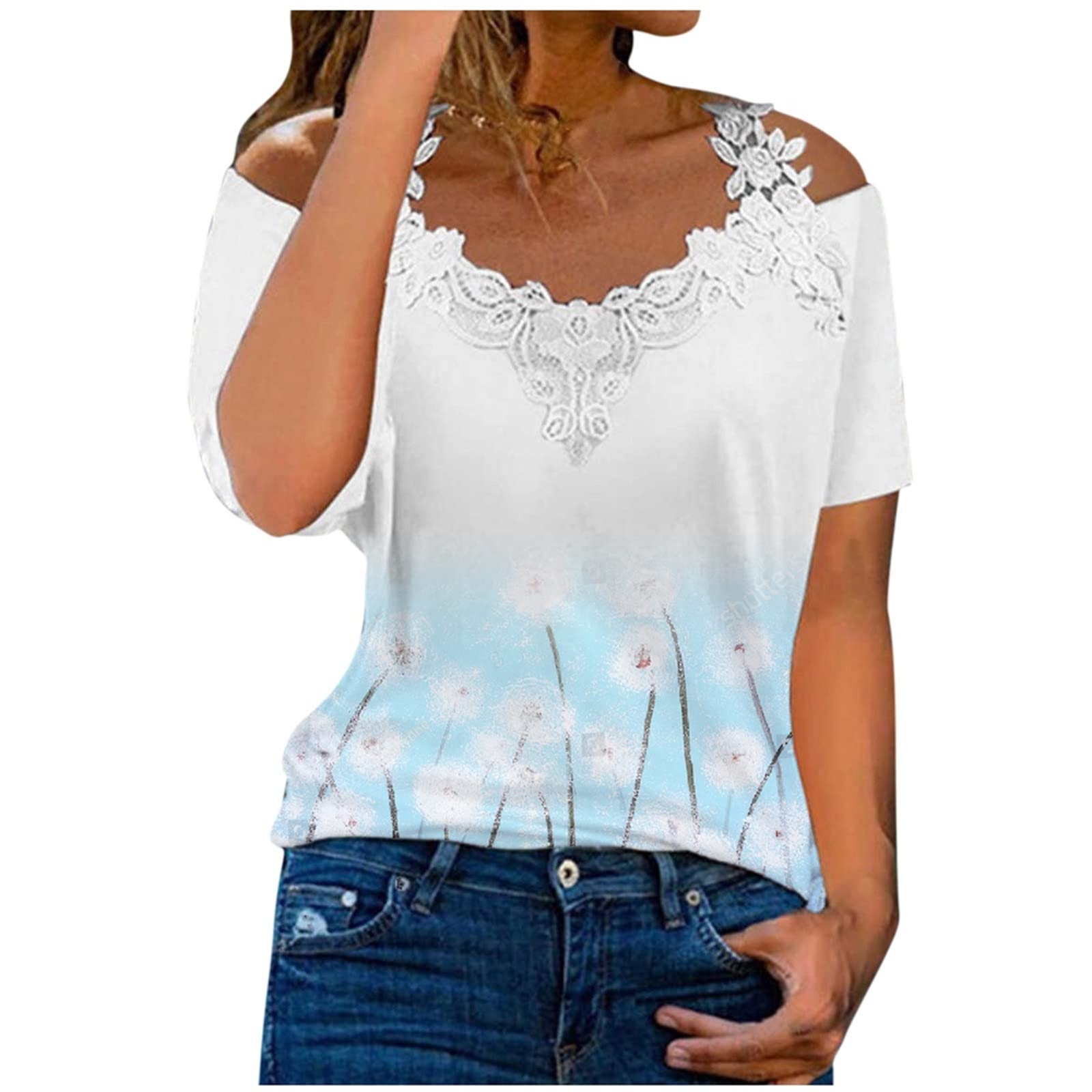 2022 Women's Sexy Cold Shoulder T-Shirt - Lace Trim V-Neck Short Sleeve Blouse with Floral Print | Casual Loose Tunic Top in White | Perfect for Summer Outfits, Date Nights & Beach Vacations