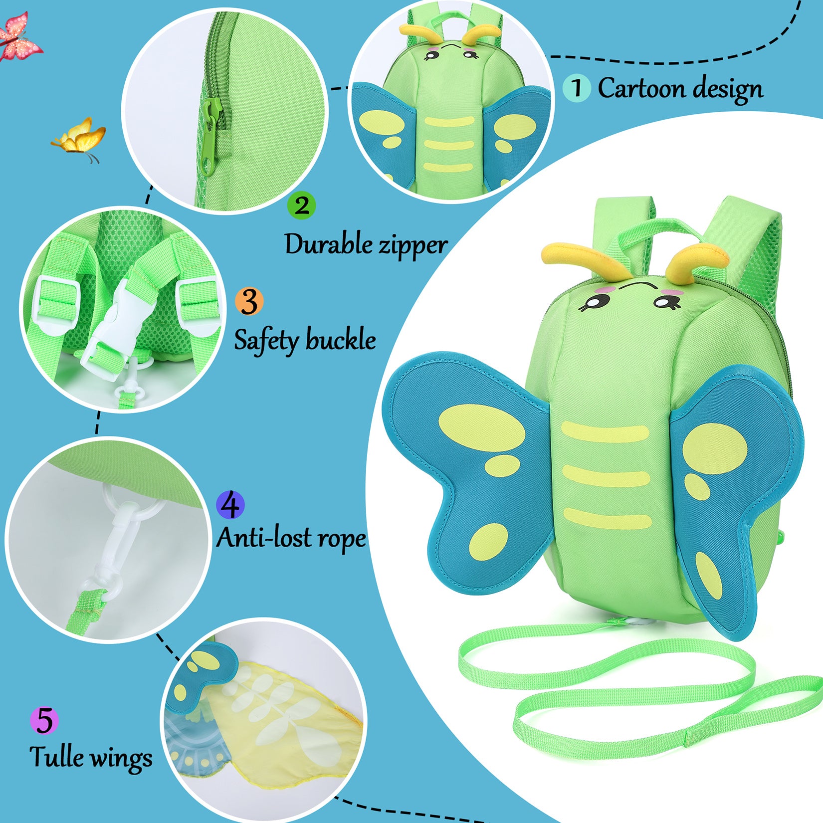 GARVEE 300D 3D Butterfly Kids Backpack for School - Lightweight Waterproof Bookbag with Adjustable Straps, Green - Perfect for Elementary Students, Daycare & Travel Accessories