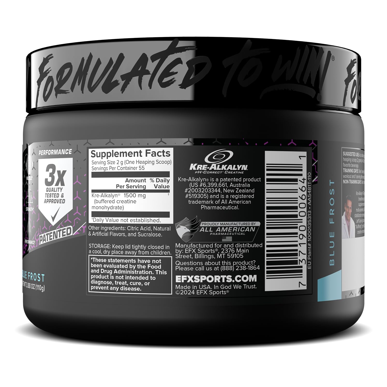 EFX Sports Kre-Alkalyn EFX Creatine Monohydrate Powder Supplement - pH Balanced for Strength, Muscle Growth & Performance - 55 Servings Blue Frost - Pre-Workout & Post-Training Recovery Boost