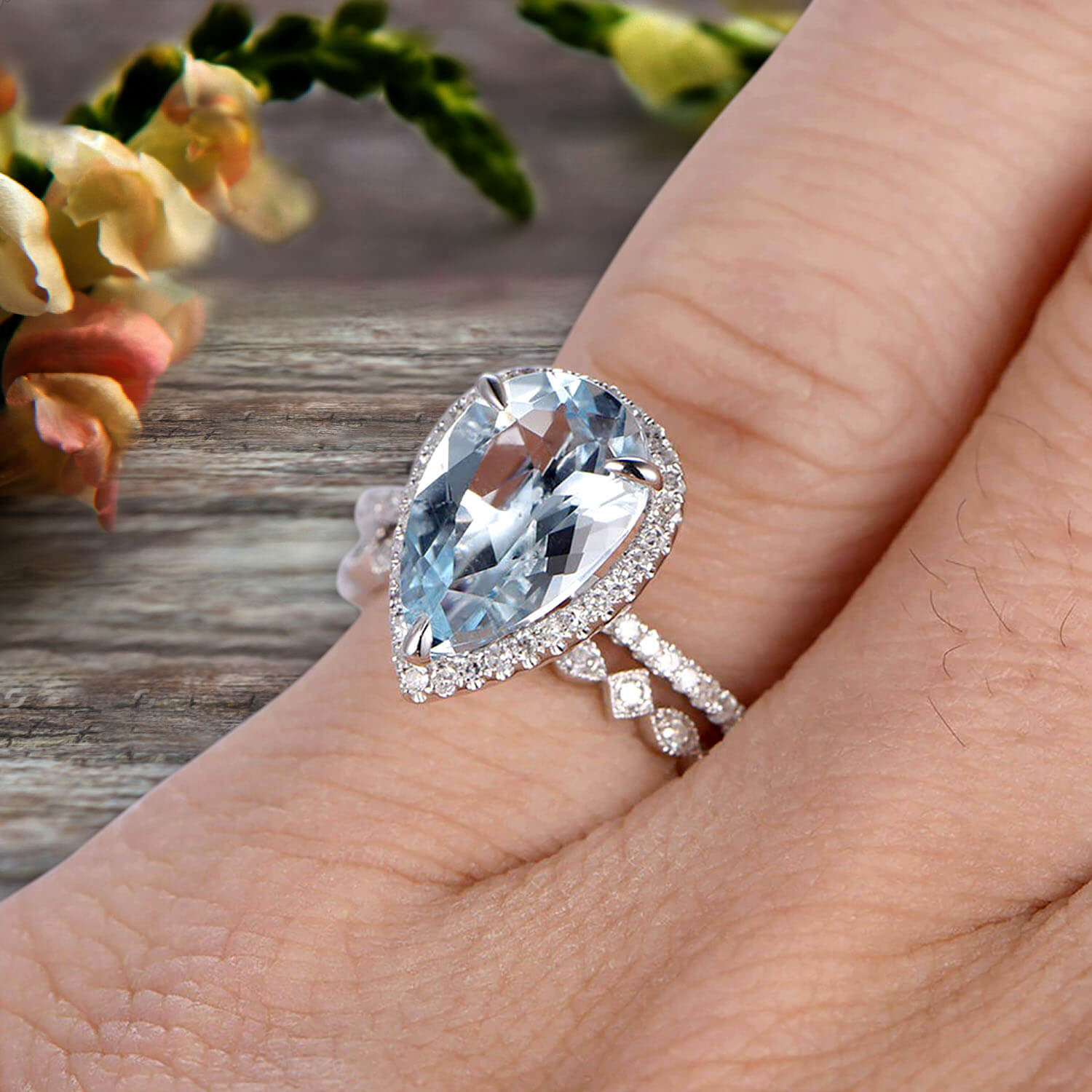 2Pcs Pear Shape 1.75 Carat Aquamarine Wedding Ring Set - 10k White Gold Halo Engagement Rings for Women - Perfect for Proposals, Anniversaries & Bridal Jewelry