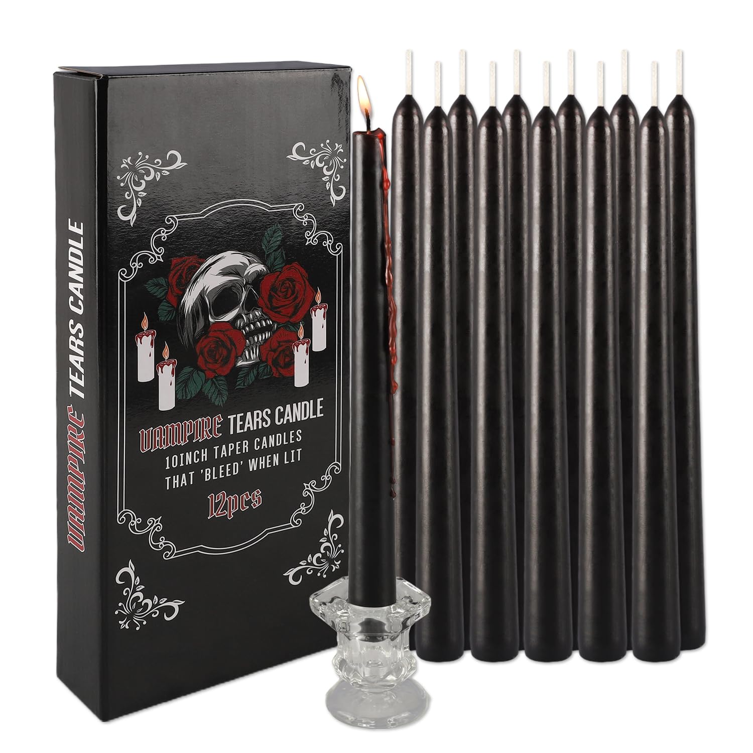 12PCS 10-Inch Black Bleeding Taper Candles - Vampire Tears Dripping Candles for Halloween Decor, Christmas Centerpieces, Gothic Weddings & Themed Party Supplies (Unscented) - Create Spooky Atmosphere for Haunted Houses & Ritual Ceremonies