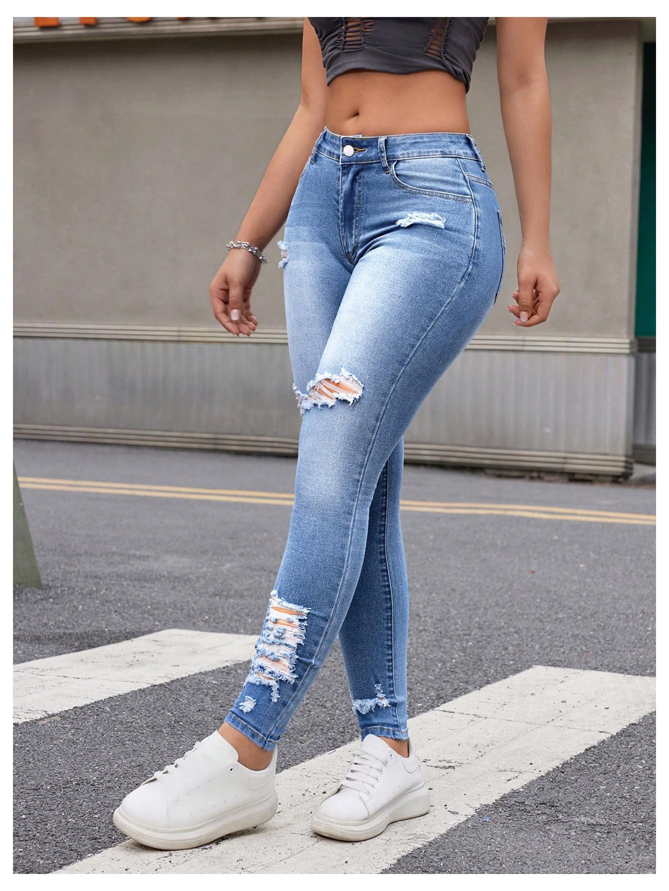 Floerns Women's Distressed Ripped Skinny Jeans - High Waist Stretch Denim Pants with Zipper Fly & Pockets | Trendy Casual Outfit for Streetwear, Dating & Night Out