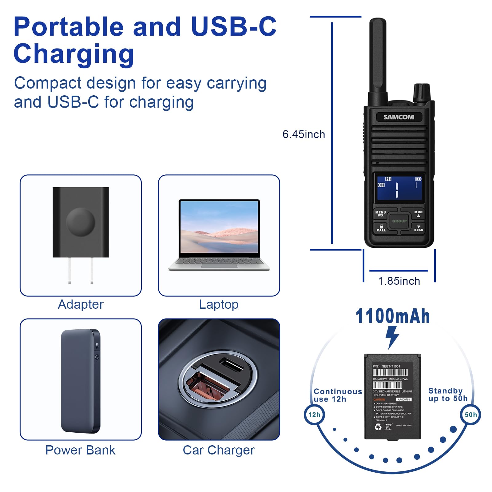 Samcom T2 GMRS Two Way Radio - 2 Watt Long Range Walkie Talkies for Adults with 121 Privacy Codes, USB Rechargeable, NOAA Weather Alerts & Group Talk (2 Pack Black) - Ideal for Hiking, Camping, Construction Sites and Emergency Communication