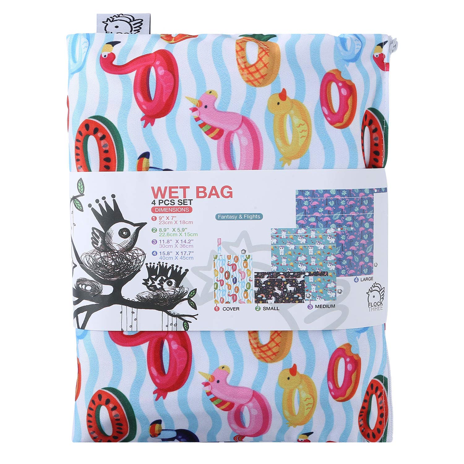 Waterproof Reusable Wet Bag for Diapers, Swimsuits & Toiletries - Washable Travel Gym Yoga Storage Pouch (4 Pack, Flamingo Print, S/M/L) - Perfect for Baby Care, Pool Trips & Sports Activities
