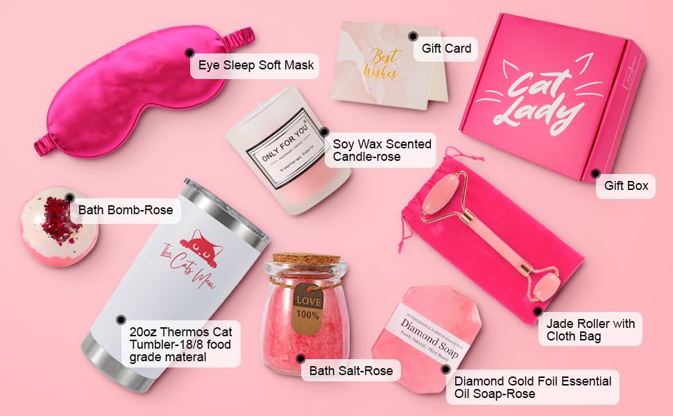 Premium Cat Lover Gift Set - 20oz Insulated Coffee Tumbler, Lavender Aromatherapy Candle, Diamond-Infused Soap, Jade Facial Roller, Relaxing Bath Bomb & Salts, Silk Sleep Mask & Gift Card in Elegant Cat-Themed Gift Box - Perfect Birthday, Anniversary & Self-Care Gifts for Cat Ladies