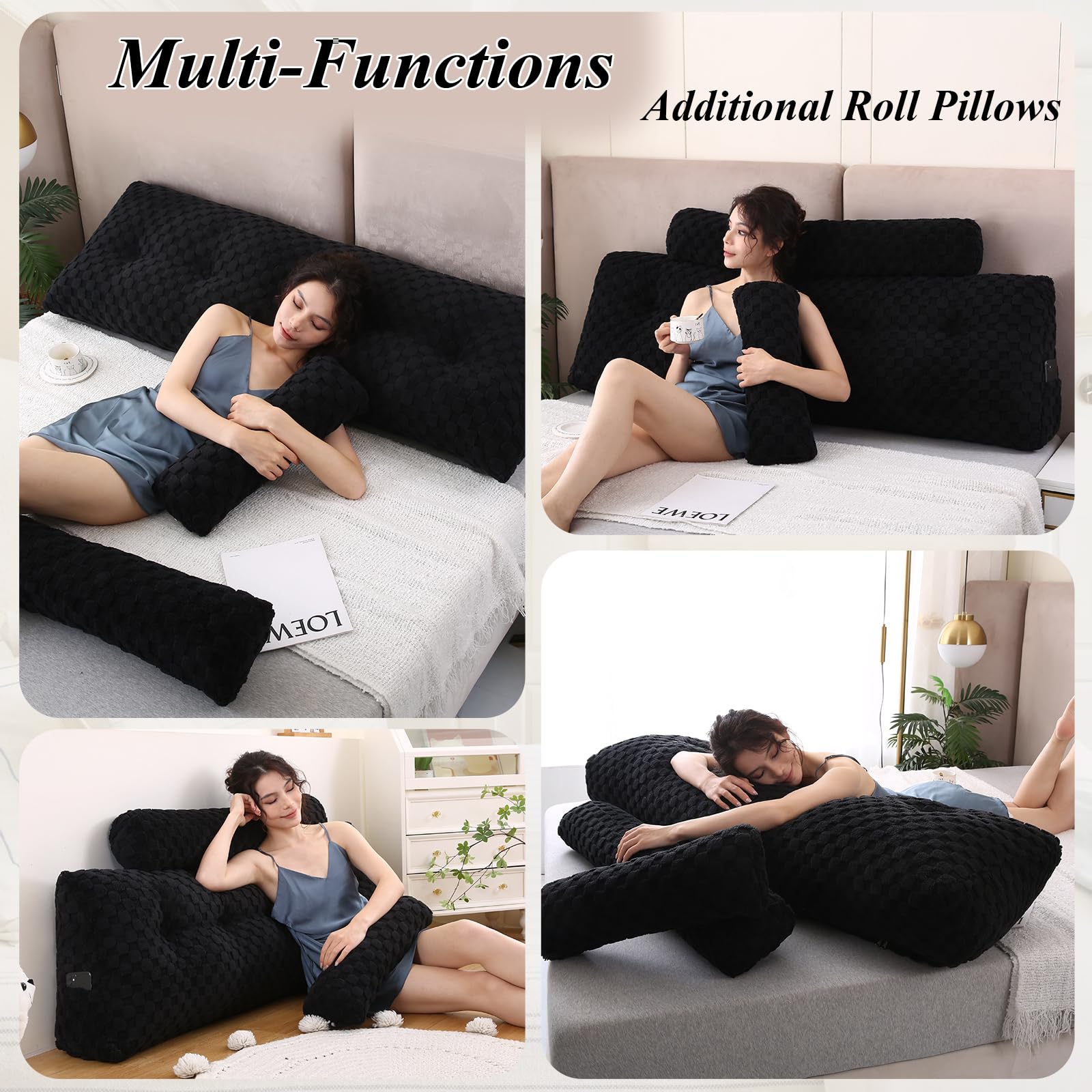 **Wedge Headboard Pillows Set - Long & Short Bolster Pillows for Bed Backrest, Sitting Comfort - Perfect for Reading, Watching TV, or Relaxing in Bed**