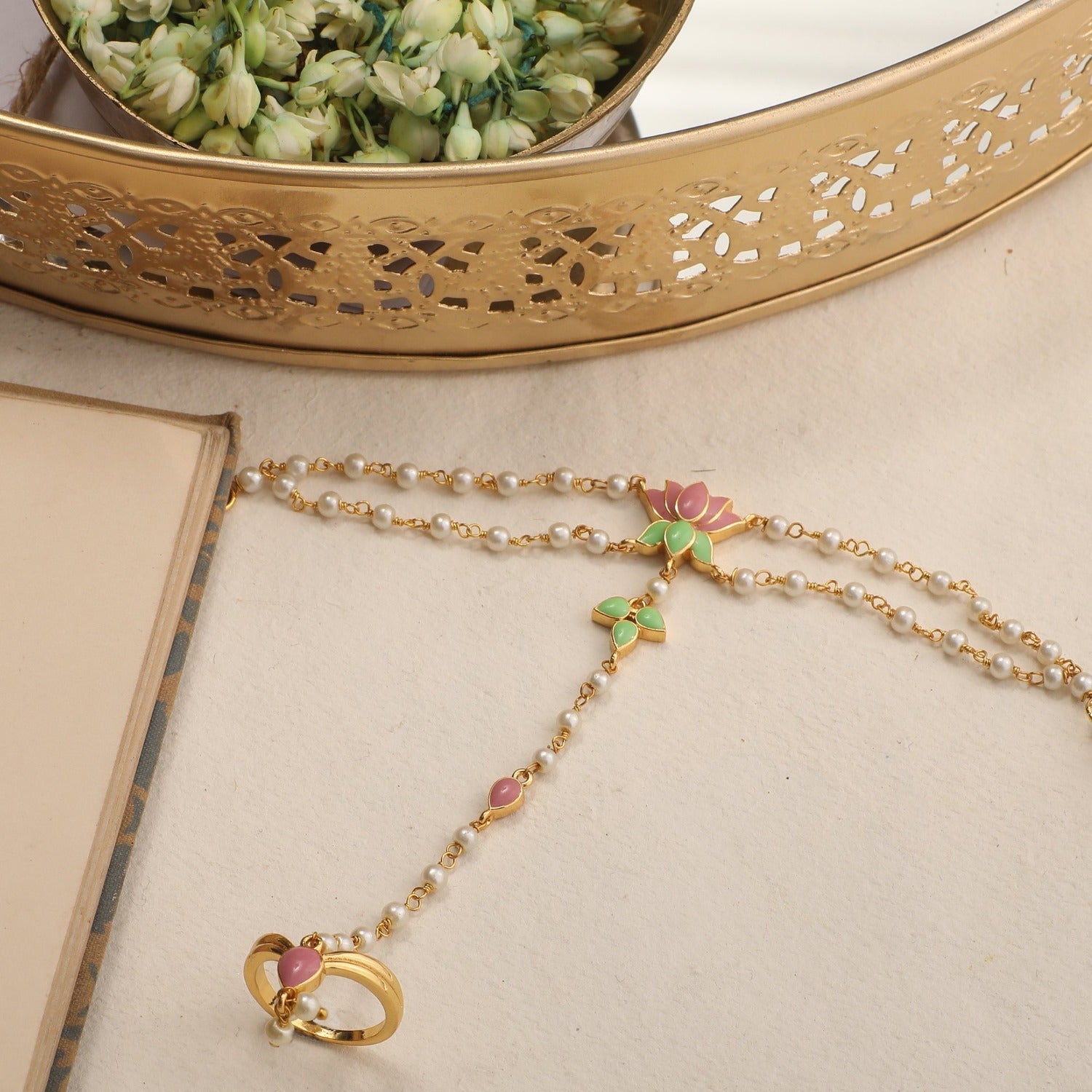 Jalaja Double Pearl Ring Hand Chain Bracelet - Elegant Boho Jewelry for Women, Perfect for Weddings, Parties & Special Occasions