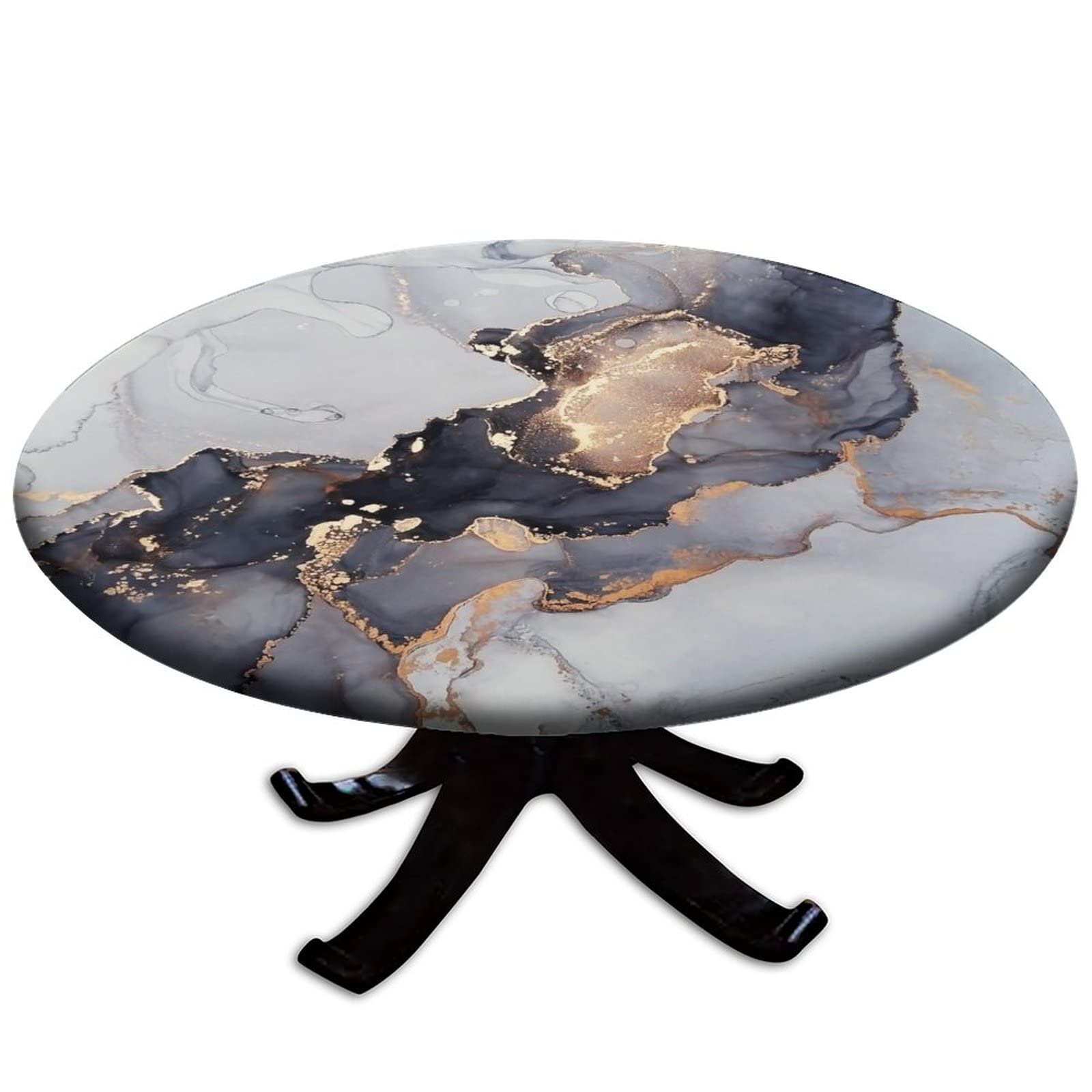 Waterproof Elastic Edge Round Tablecloth - Washable & Wipeable Marble Fabric Table Cover for 44 Inch Tables, Indoor & Outdoor Party Decor (Black Gold) - Perfect for Dining, BBQ, Wedding, and Holiday Gatherings