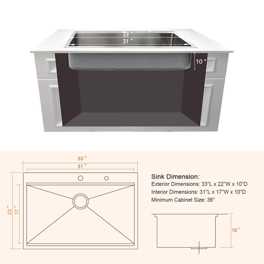 33x22 Inch Drop-In Stainless Steel Kitchen Sink - 16 Gauge Single Bowl Top Mount Sink with Cutting Board | Durable Workstation for Food Prep & Dishwashing | Perfect for Modern Kitchens & Restaurant Use