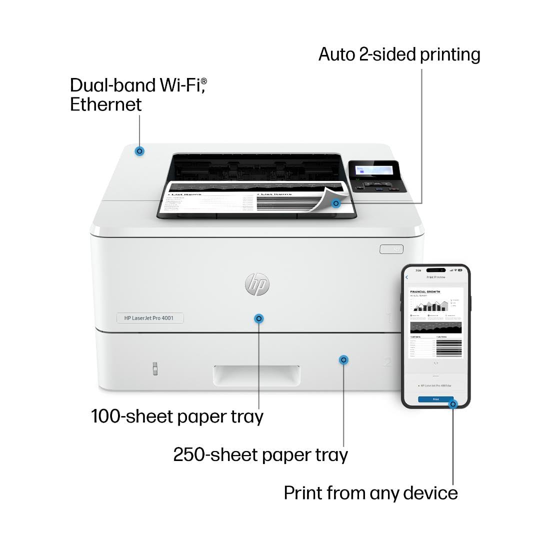 HP LaserJet Pro 4001dw Wireless Monochrome Laser Printer for Office - Fast Printing, Duplex Scanning, Secure Networking (2Z601F) | Ideal for Home Office, Small Business & Remote Work