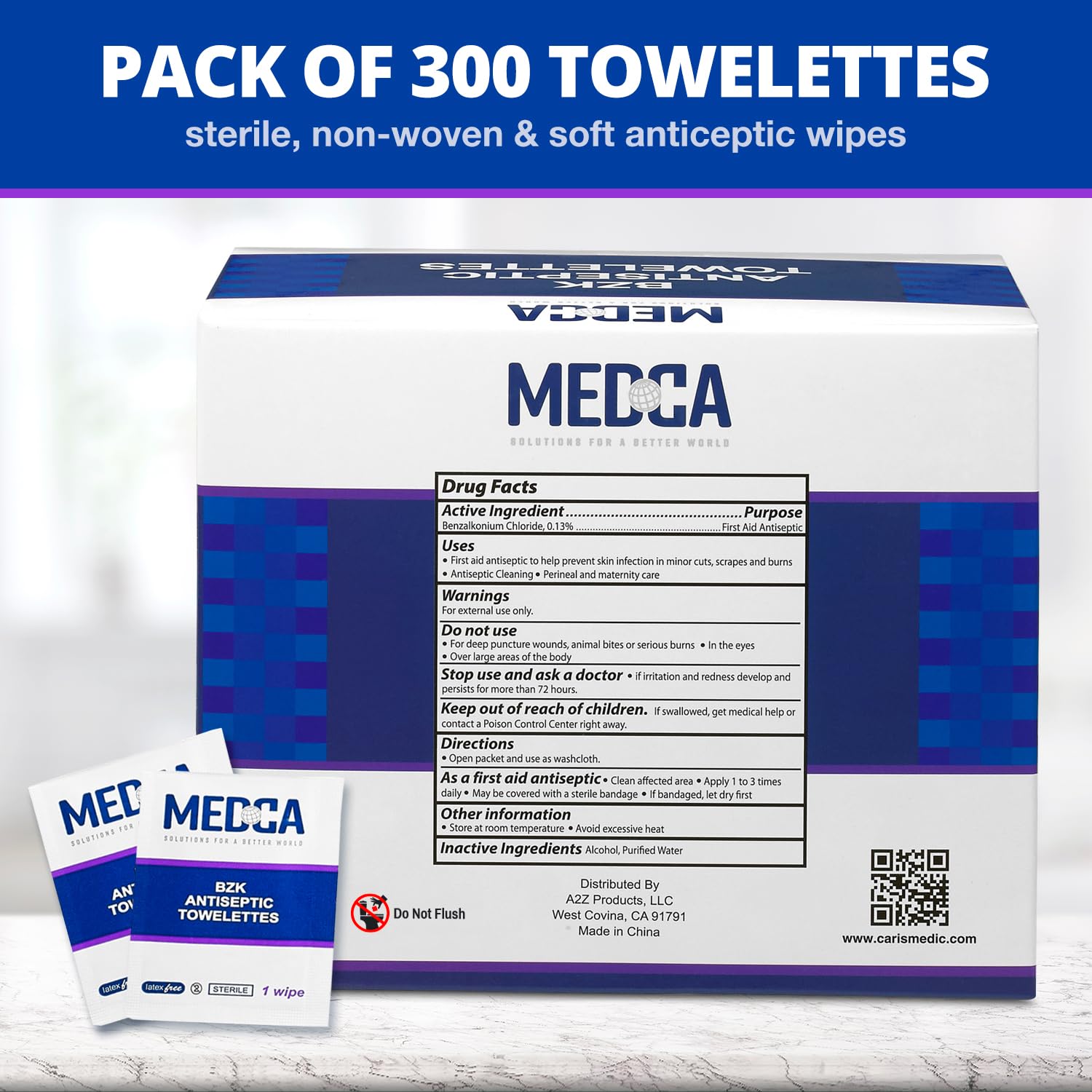 MEDca 300-Pack Benzalkonium Chloride Hand Wipes | BZK Antiseptic Cleaning Swabs | Single-Use Sanitizing Wipes for Home, Office & Travel Hygiene