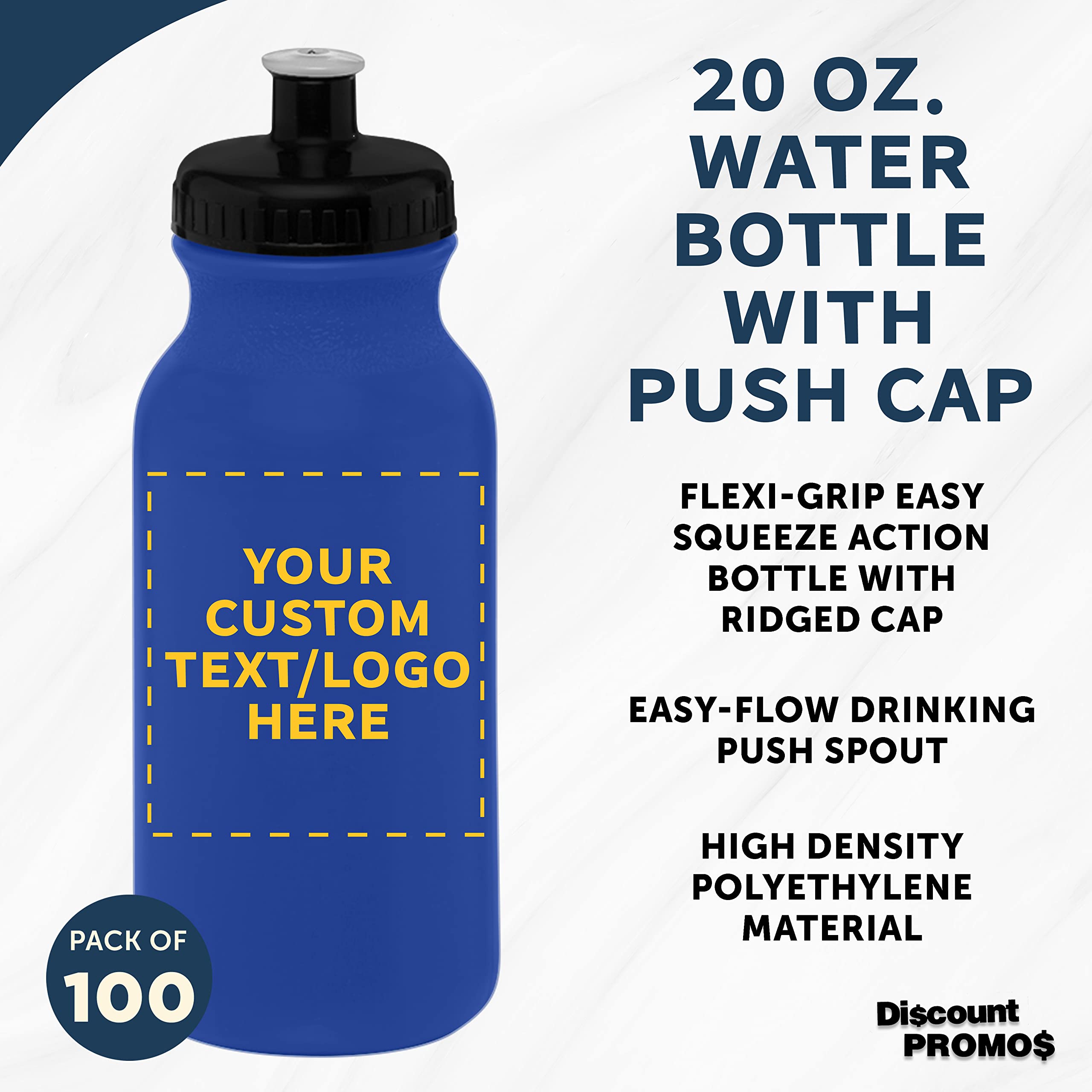 Custom 20 oz. Water Bottles with Push Cap - Bulk Pack of 100 Personalized Hydration Bottles - Ideal for Gym, Hiking, Camping & Outdoor Sports - Reflex Blue - Perfect for Team Events, Corporate Gifts & School Activities