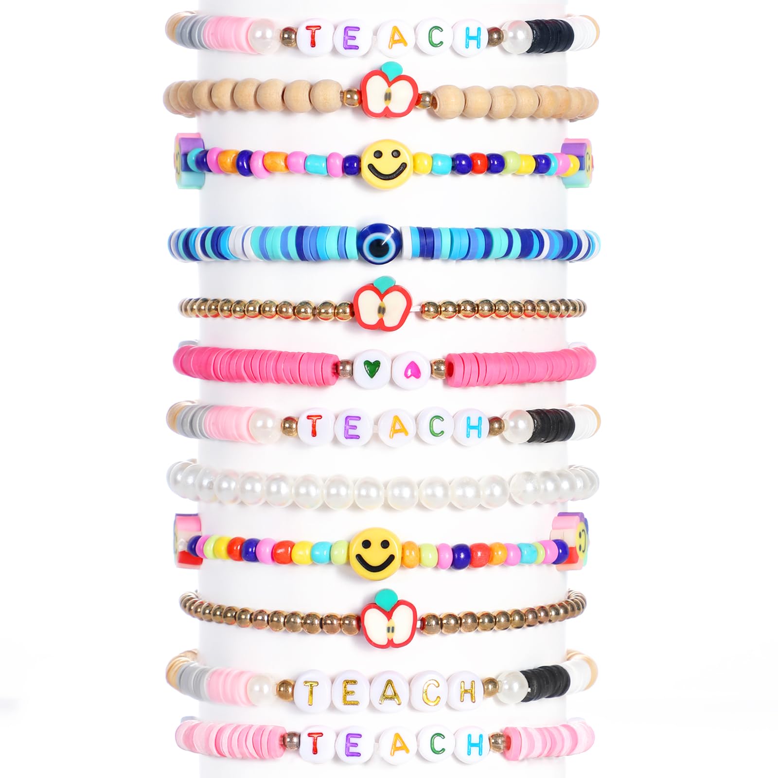 12 PCS Teacher Appreciation Bracelets for Women - Preppy Heishi Clay Beaded Bulk Bracelets - Thank You Gifts for Teachers, Staff, Educators - Perfect for Teacher Appreciation Week, End of Year Gifts, Classroom Rewards