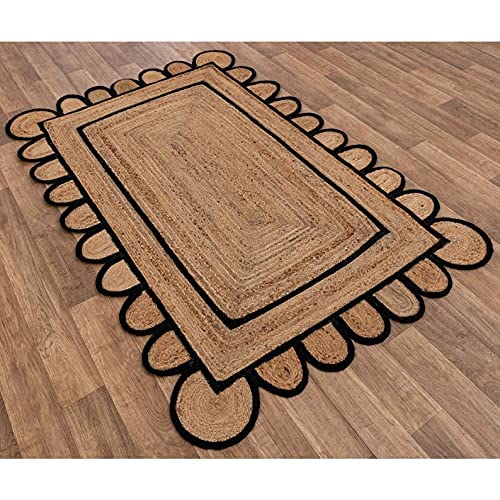 Handwoven Jute Area Rug with Scalloped Edge - 6x6 Square Feet Natural Beige Farmhouse Rug with Black Border for Bedroom, Living Room, Kitchen - Eco-Friendly Braided Floor Mat for Boho Decor & Cozy Home Style